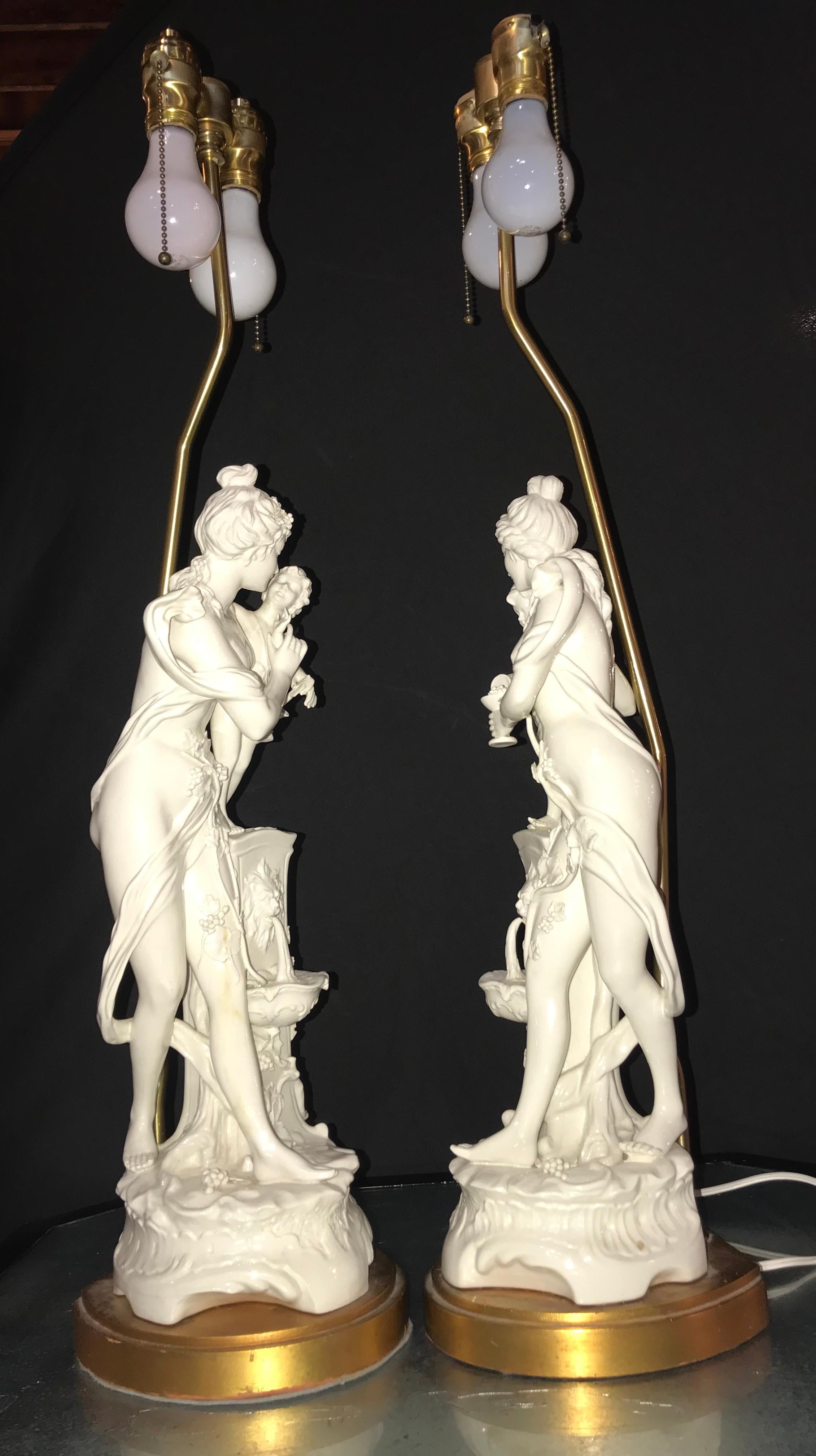 Pair of Large Porcelain Figural Opposing Bare Brested Woman & Angel Table Lamps im Zustand „Gut“ in Stamford, CT