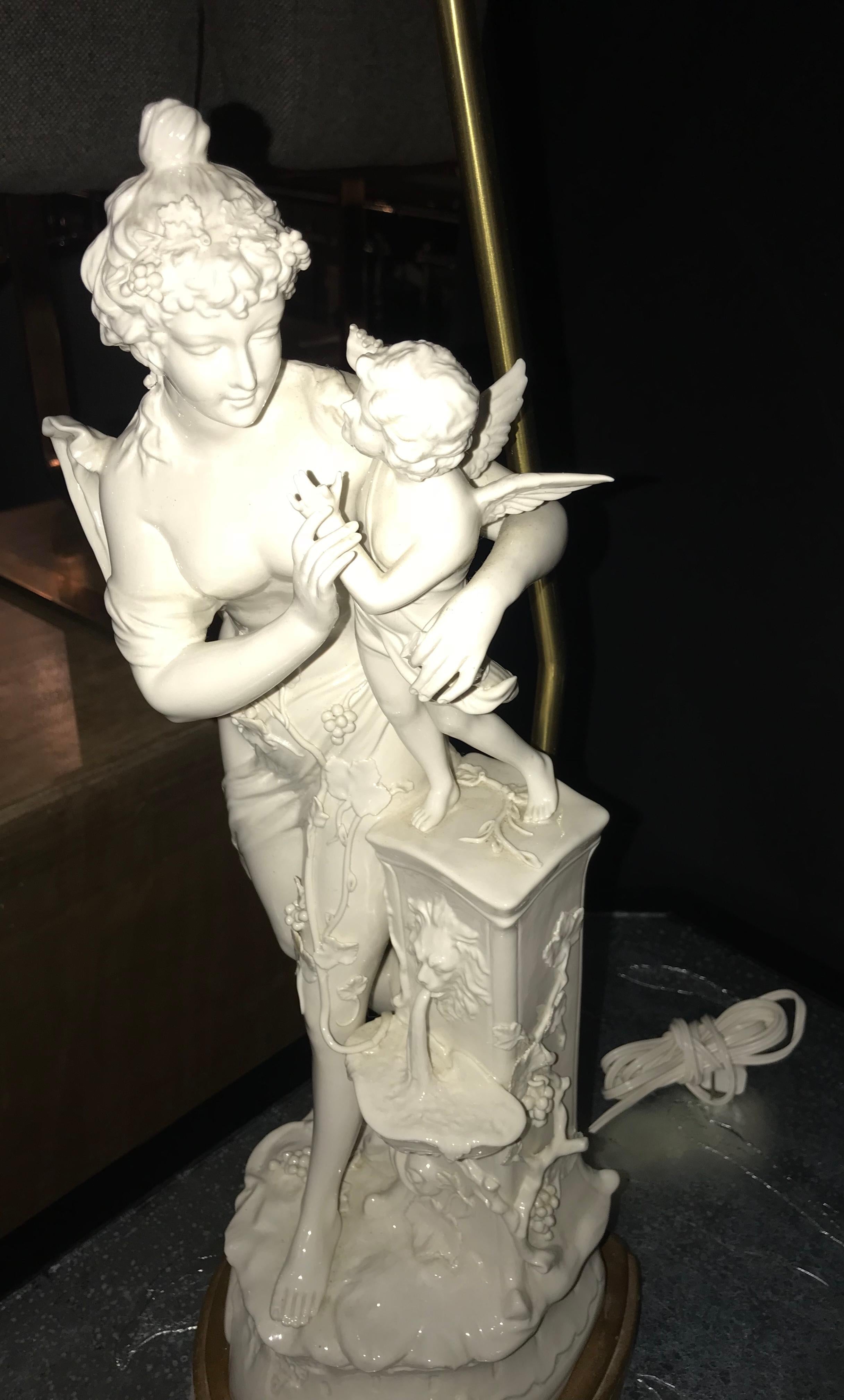 Pair of Large Porcelain Figural Opposing Bare Brested Woman & Angel Table Lamps 1