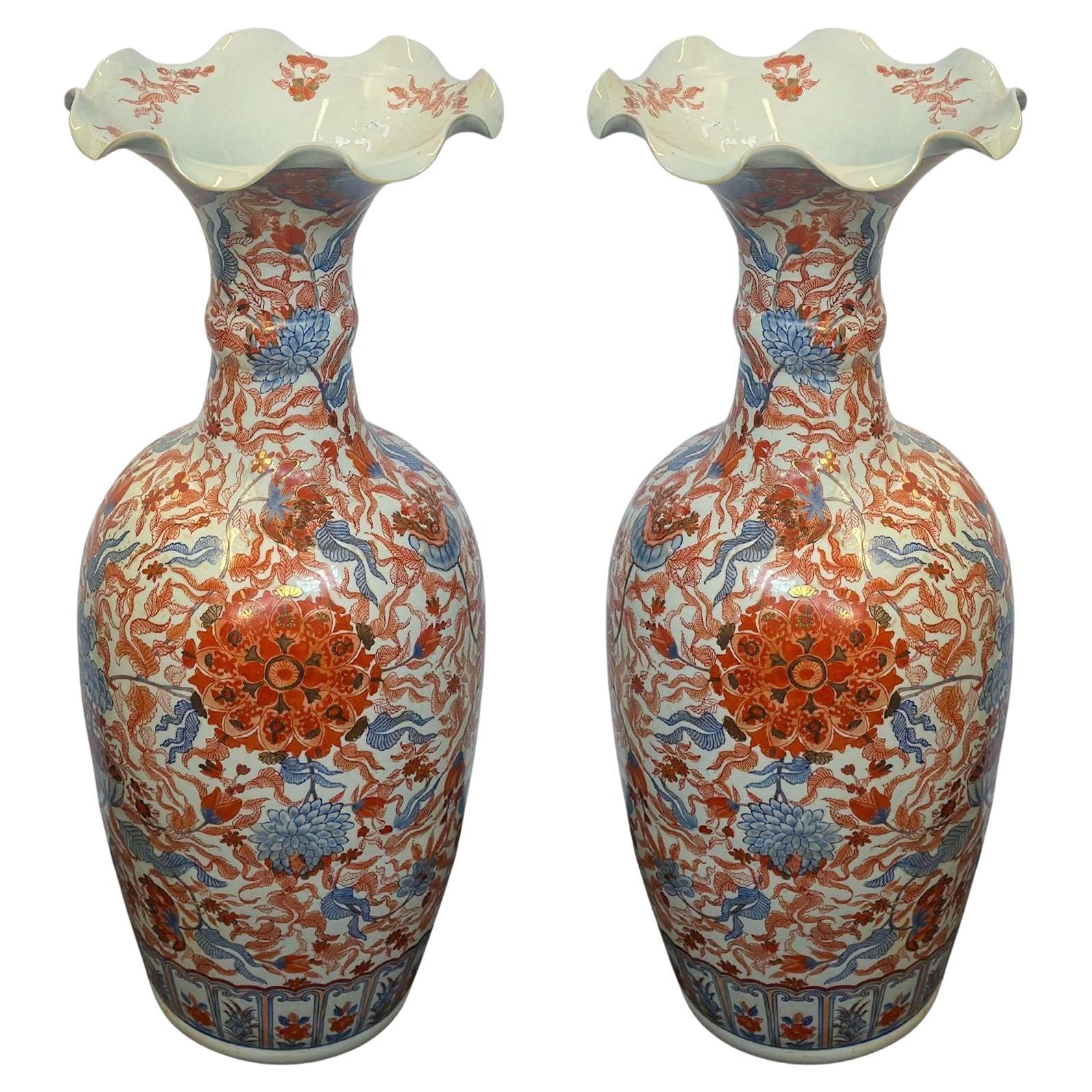 Pair of Large Porcelain Rippled Japanese Imari Vases, c. 1900's For Sale