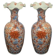 Antique Pair of Large Porcelain Rippled Japanese Imari Vases, c. 1900's
