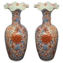 Pair of Large Porcelain Rippled Japanese Imari Vases, c. 1900's