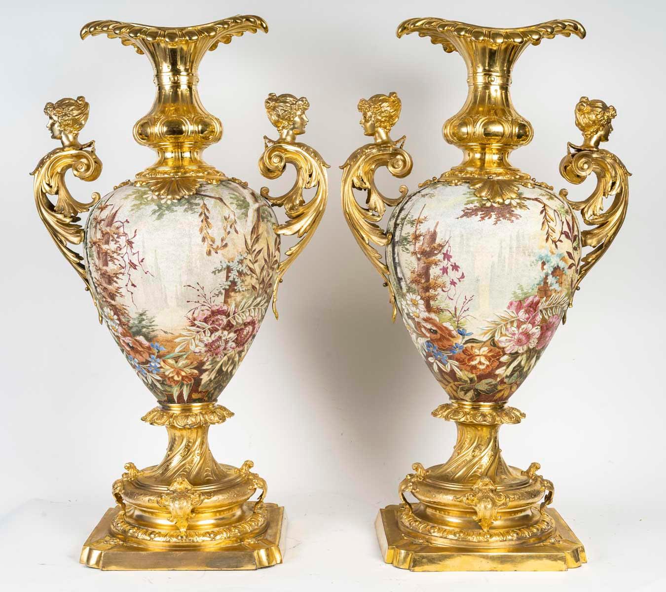 German Pair of Large Porcelain Vases, Gilded Metal Mount, Napoleon III Period.