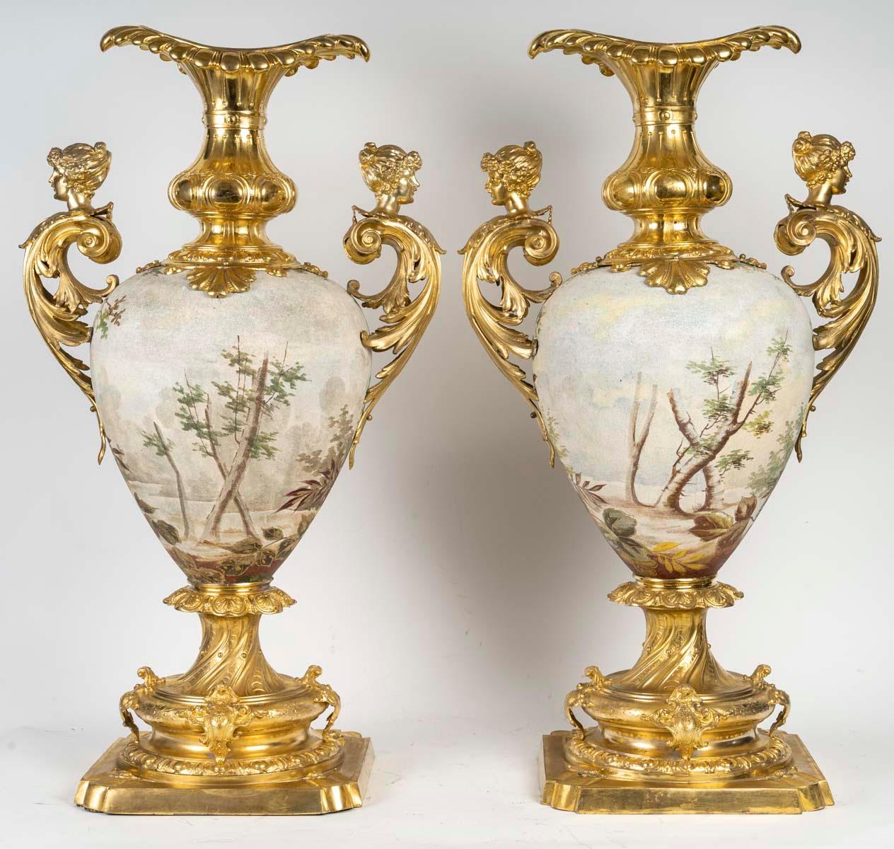 Gilt Pair of Large Porcelain Vases, Gilded Metal Mount, Napoleon III Period.