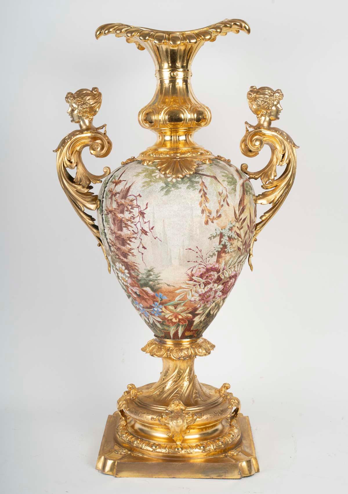 19th Century Pair of Large Porcelain Vases, Gilded Metal Mount, Napoleon III Period.