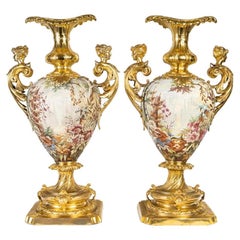 Antique Pair of Large Porcelain Vases, Gilded Metal Mount, Napoleon III Period.
