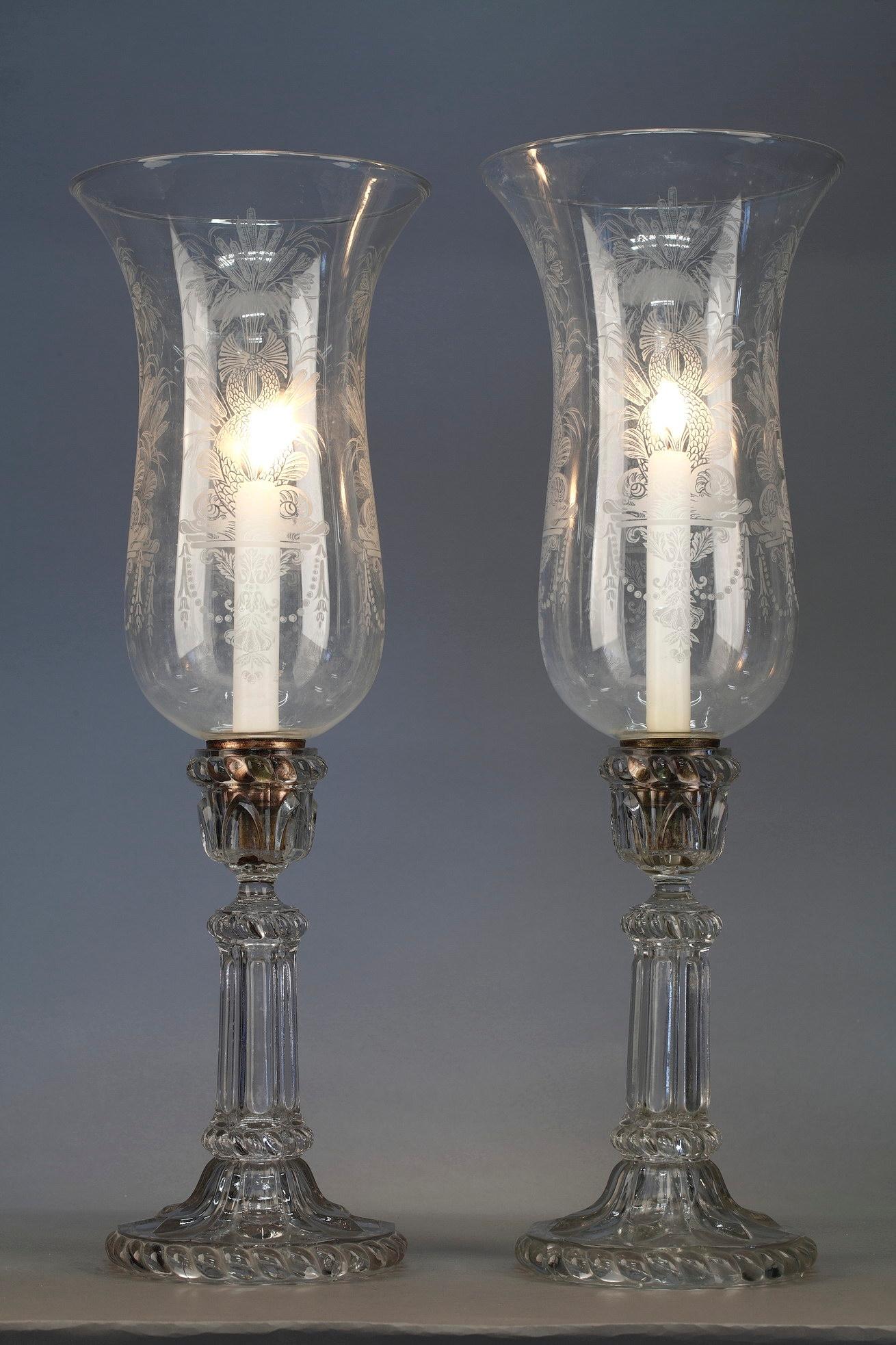 French Pair of Large Portieux Crystal Candle Holders