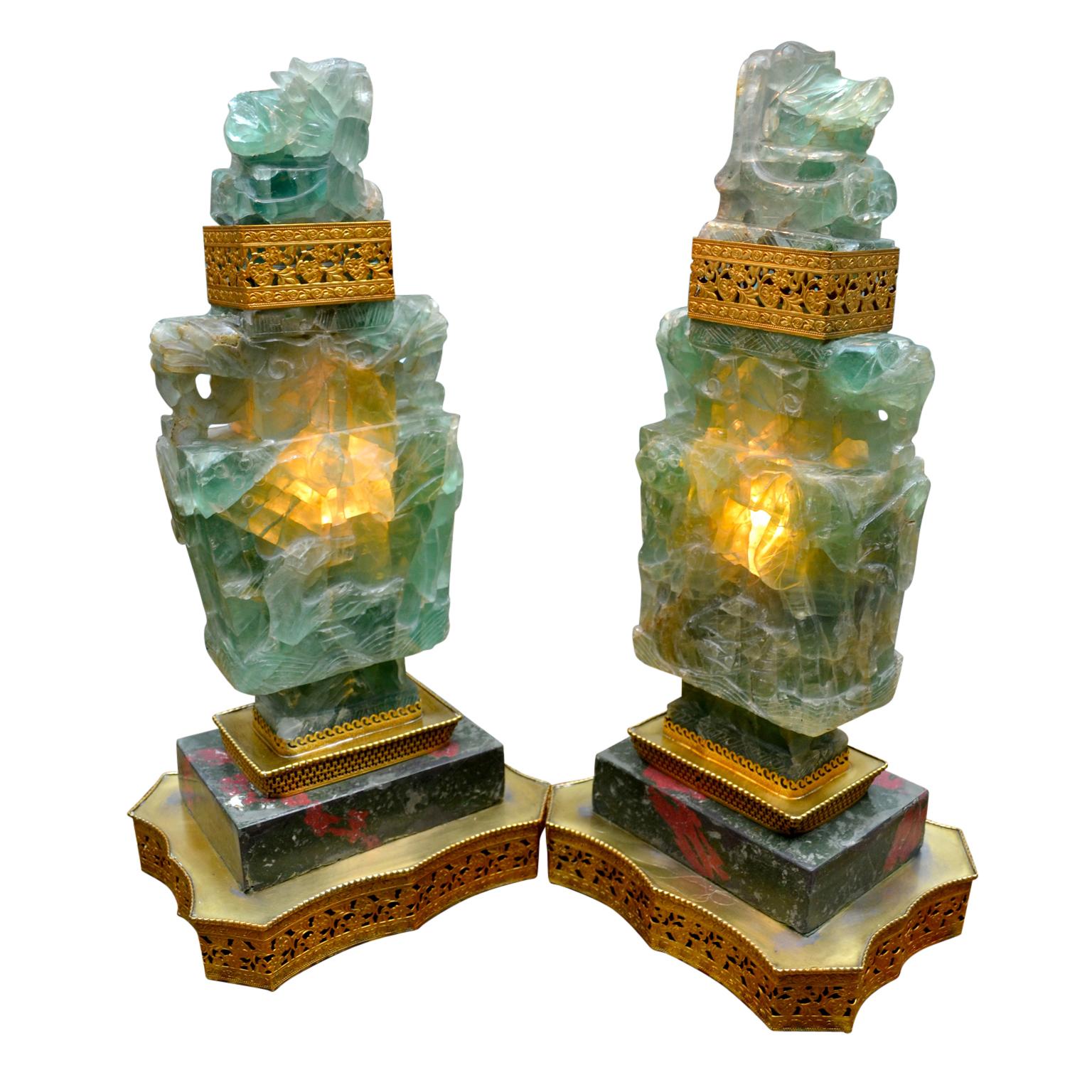 Chinese Export Pair of Large 'Quartz' Lamps on Decorative Bases