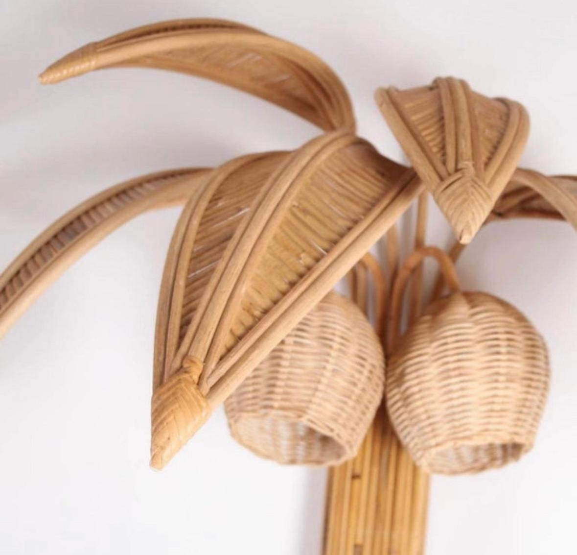 Rattan Pair of large rattan « palm trees/coconut trees wall lights » For Sale