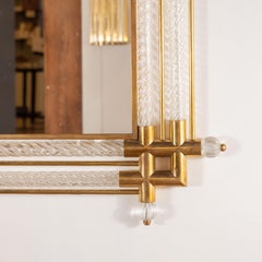 Pair of Large Rectangular Clear Murano Glass and Brass Mirrors, Italy