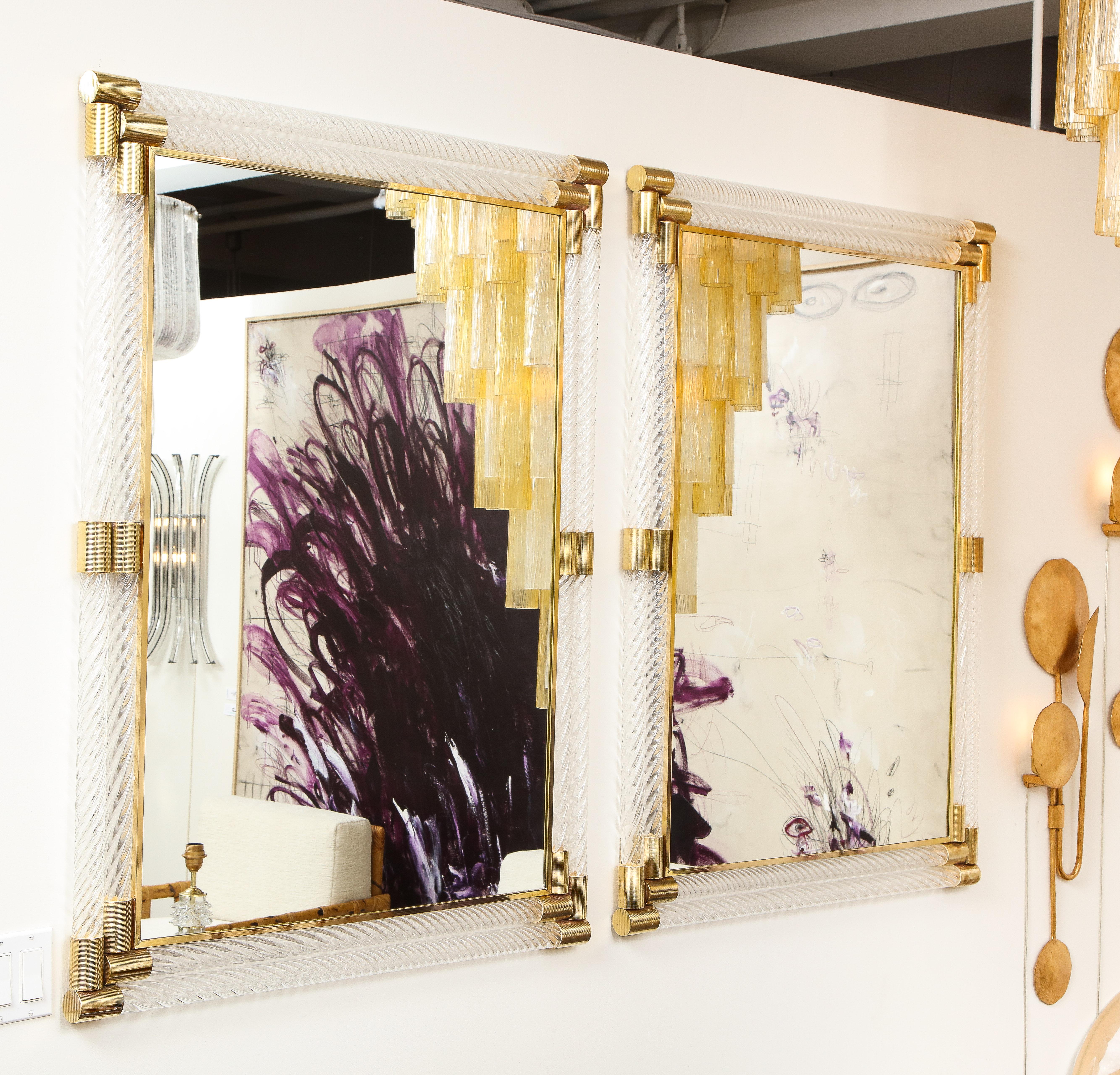 Pair of Large Rectangular Clear Murano Glass and Brass Mirrors, Italy, 2022 3