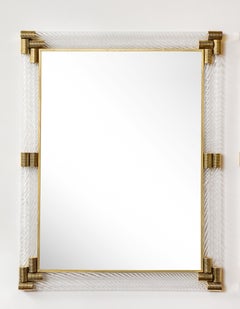 Pair of Large Rectangular Clear Murano Glass and Brass Mirrors, Italy, 2022