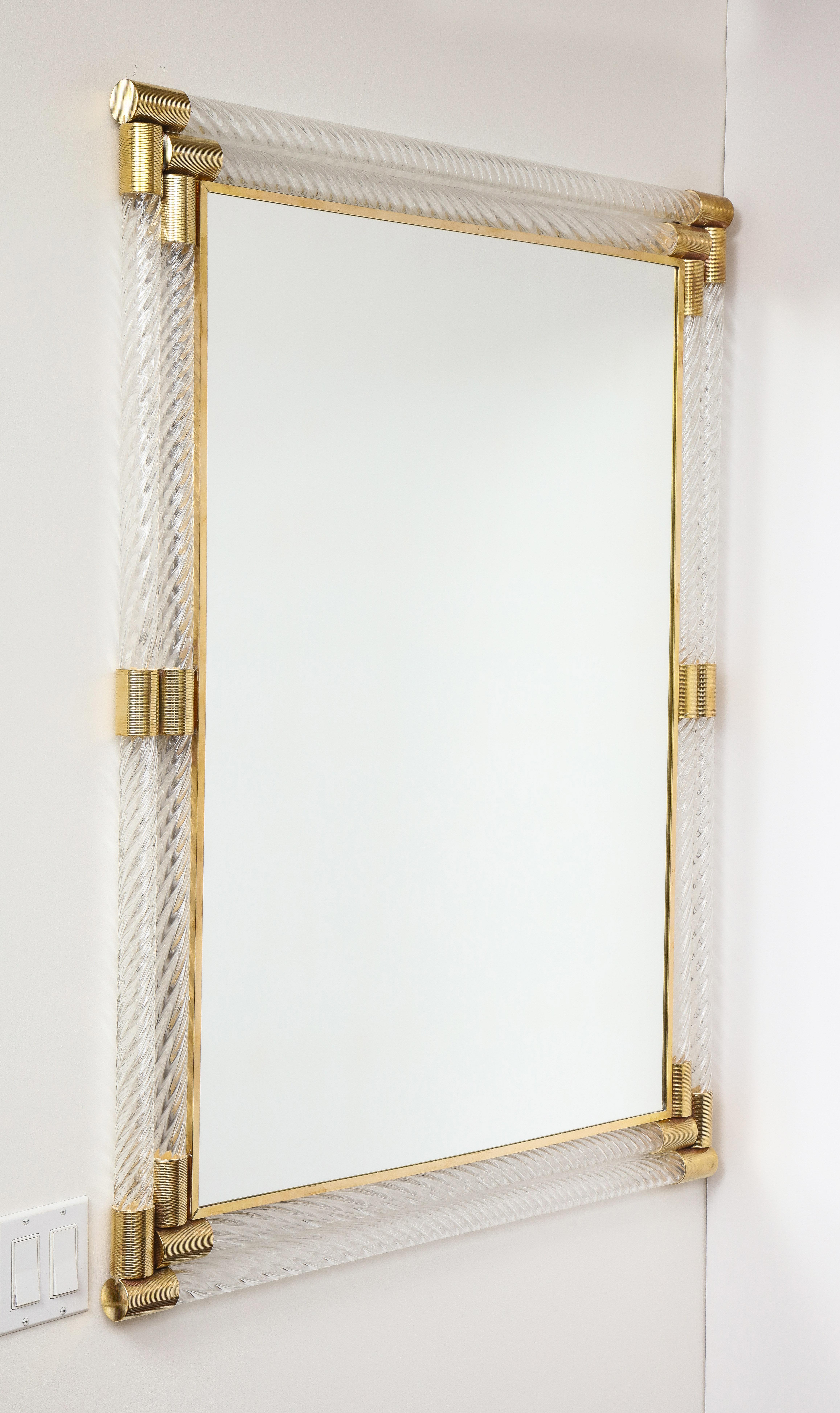Hollywood Regency Pair of Large Rectangular Clear Murano Glass and Brass Mirrors, Italy, 2022