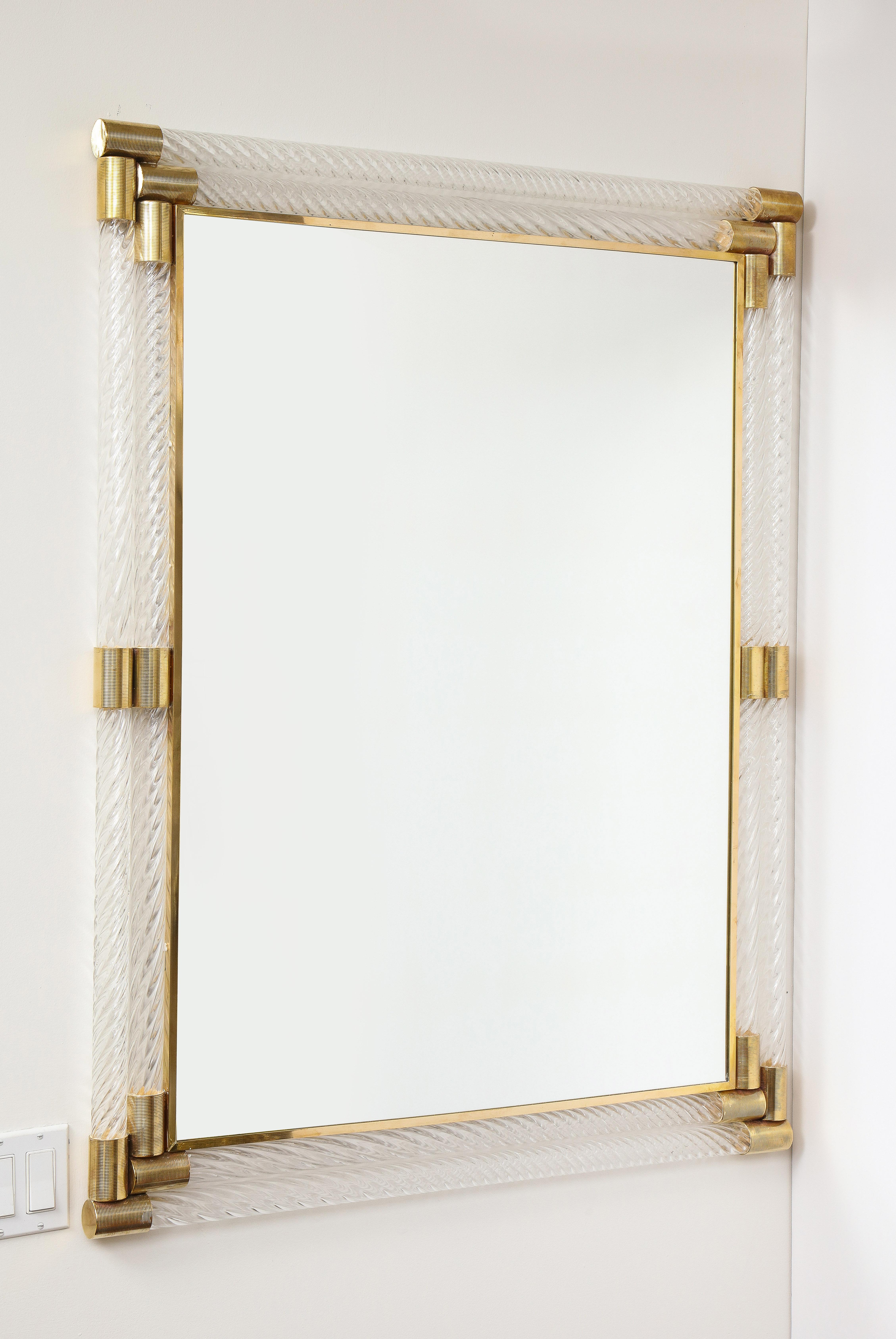 Pair of Large Rectangular Clear Murano Glass and Brass Mirrors, Italy, 2022 1