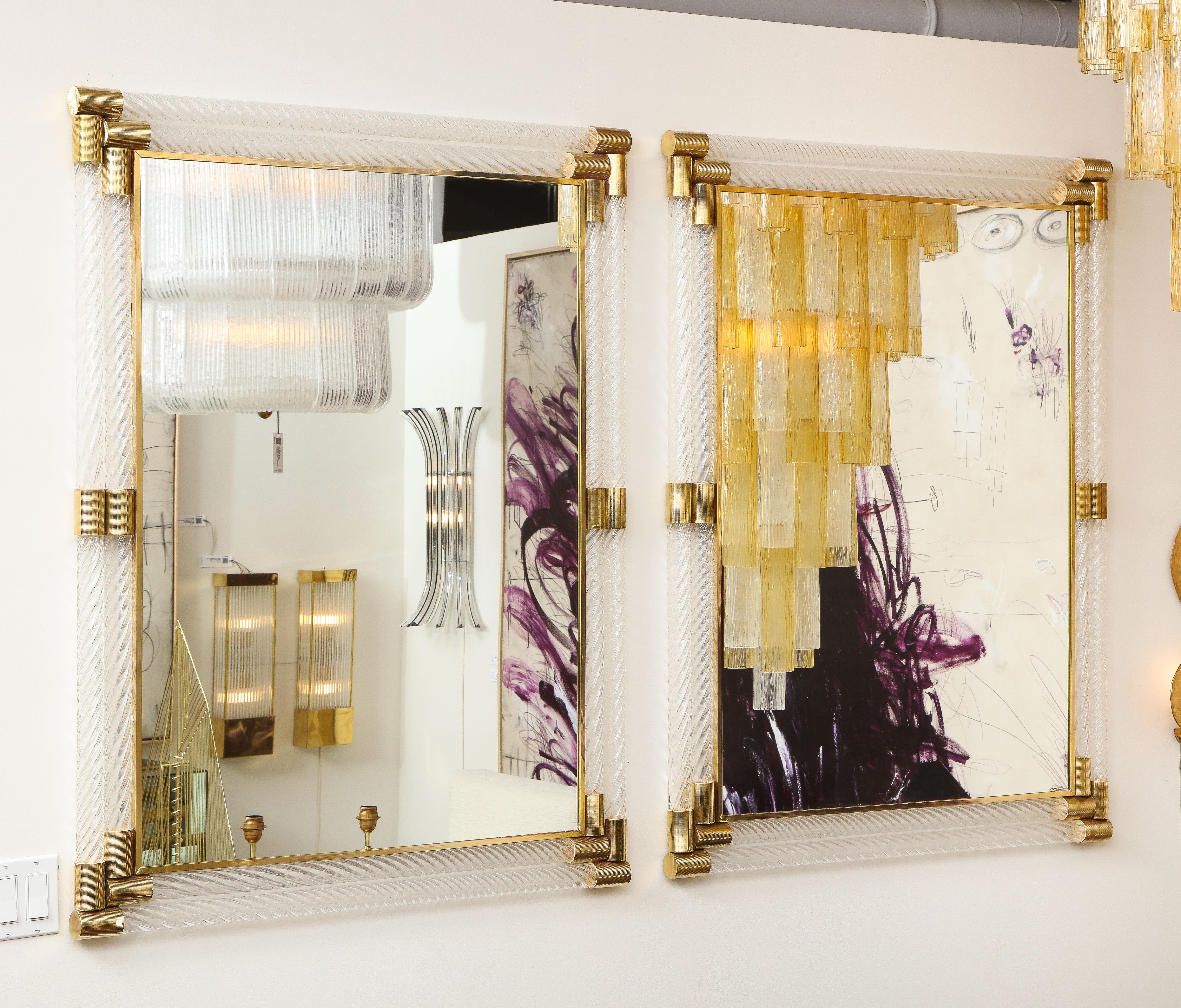 Pair of Large Rectangular Clear Murano Glass and Brass Mirrors, Italy, 2022 2