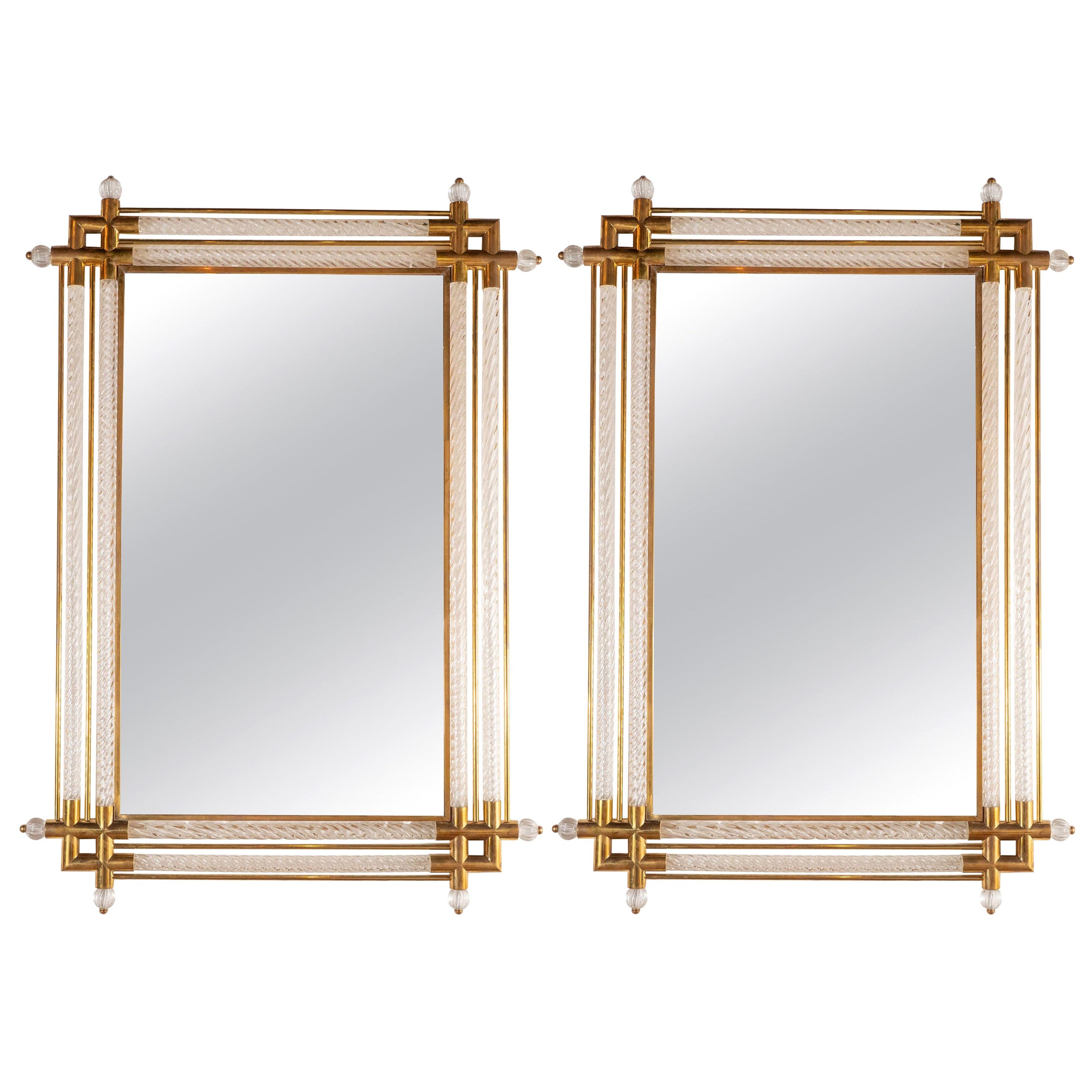 Pair of Large Rectangular Clear Murano Glass and Brass Mirrors, Italy