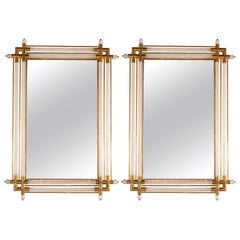 Pair of Large Rectangular Clear Murano Glass and Brass Mirrors, Italy