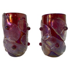 Pair of Large Red Color and Iridescent Murano Glass Vases by Cenedese