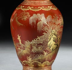 Pair of Large Red Lacquered and Gilt Painted Chinoiserie 20th Century Lamps