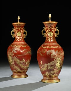 Pair of Large Red Lacquered and Gilt Painted Chinoiserie 20th Century Lamps