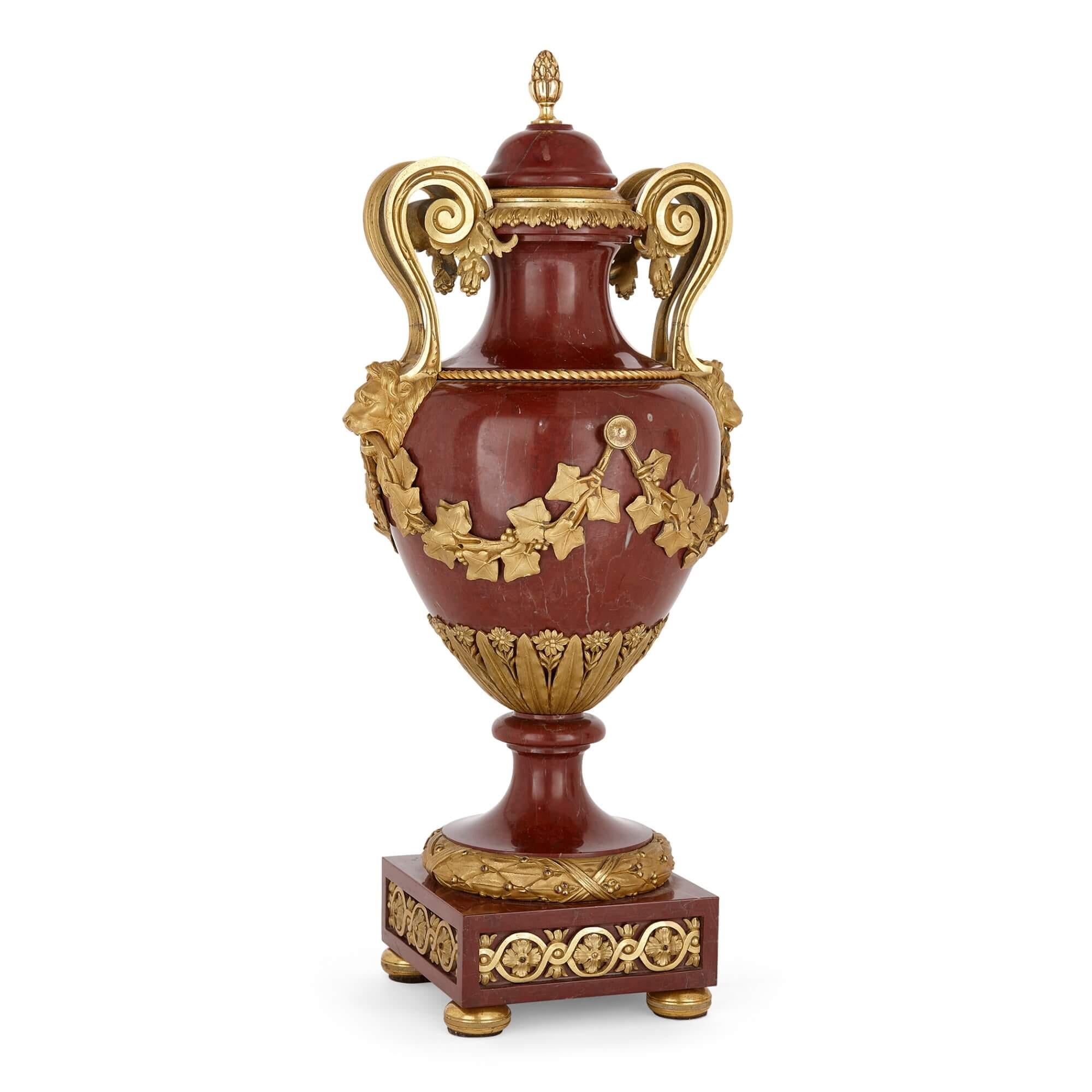 Neoclassical Pair of Large Red Marble and Ormolu Vases by Dasson For Sale