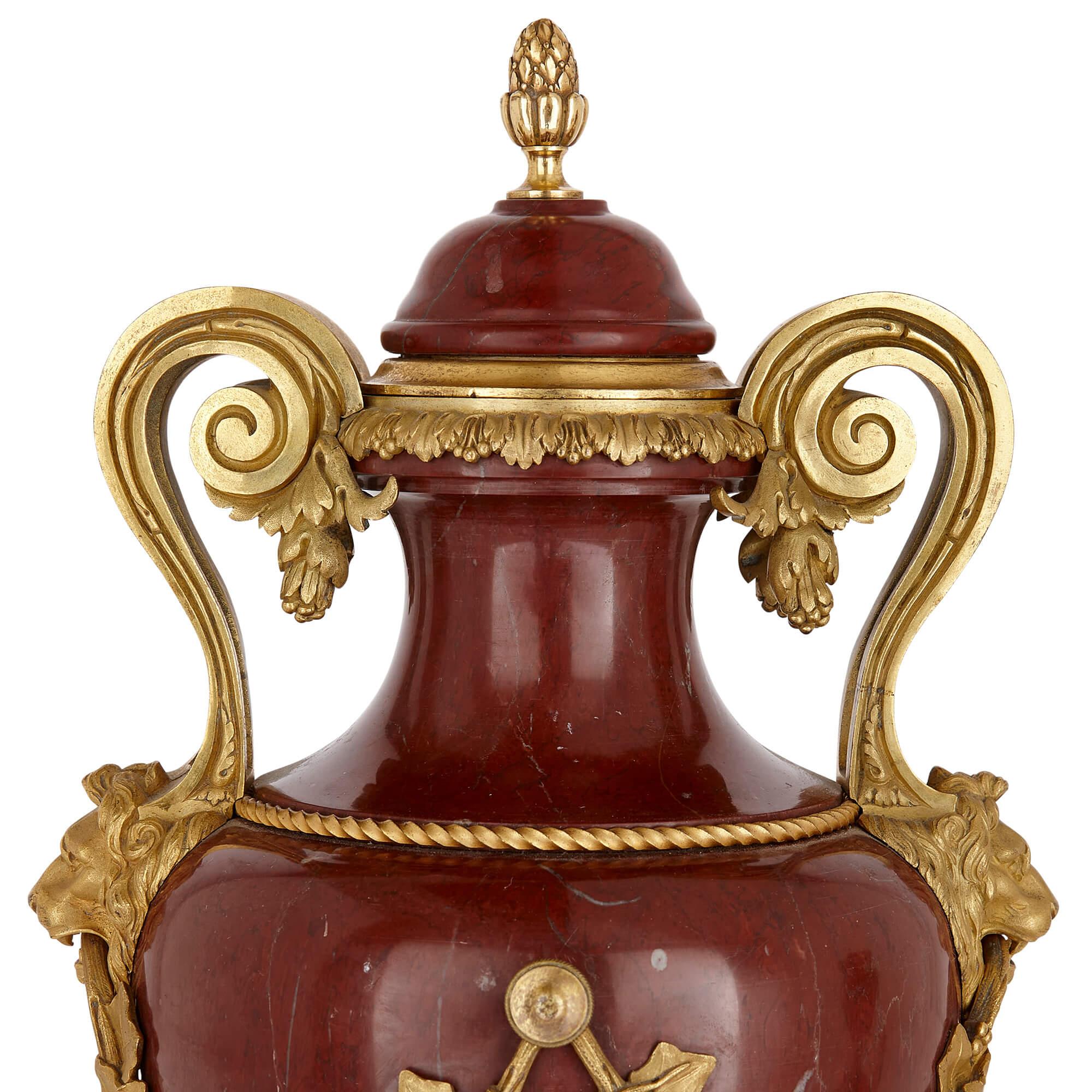 French Pair of Large Red Marble and Ormolu Vases by Dasson For Sale
