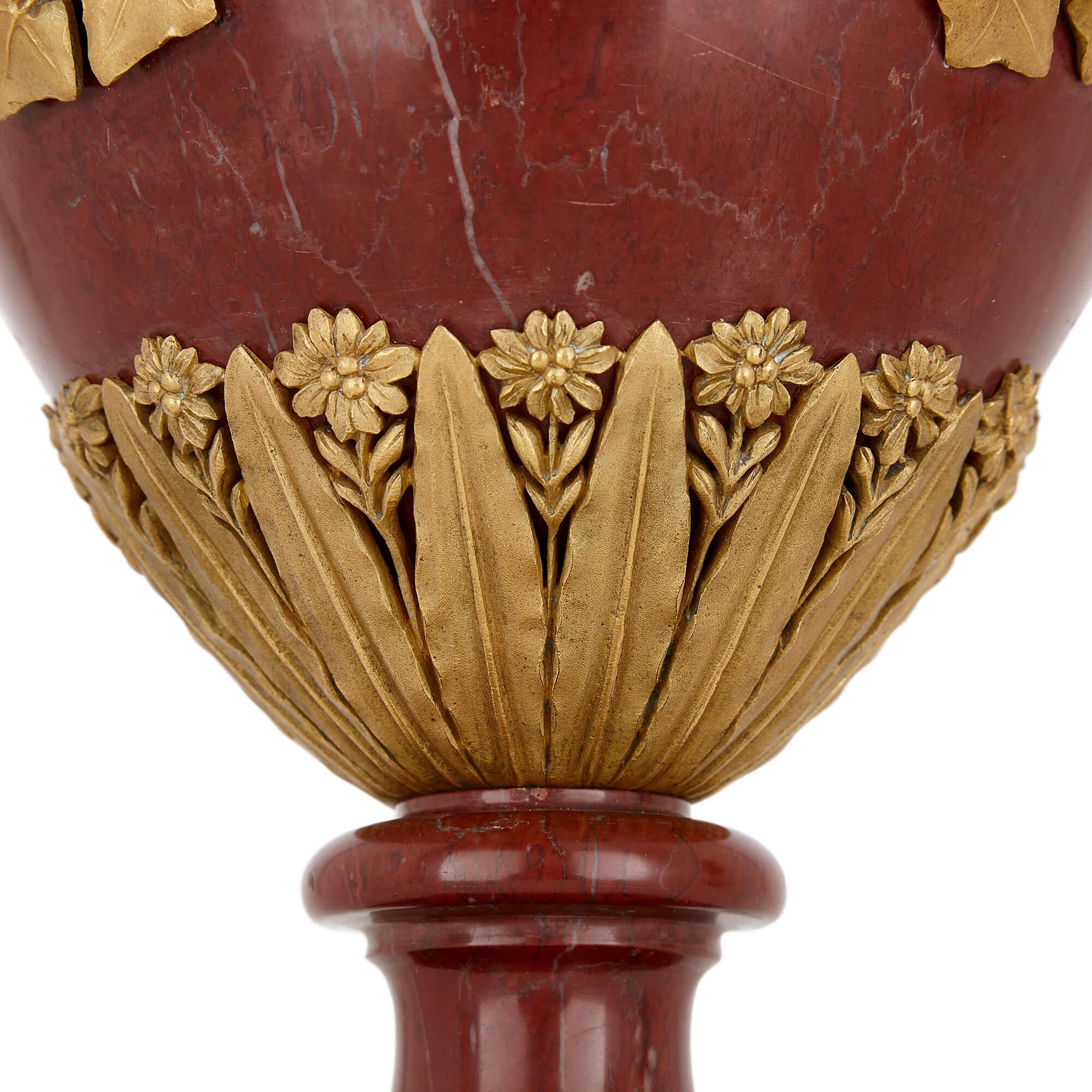 Hand-Carved Pair of Large Red Marble and Ormolu Vases by Dasson For Sale