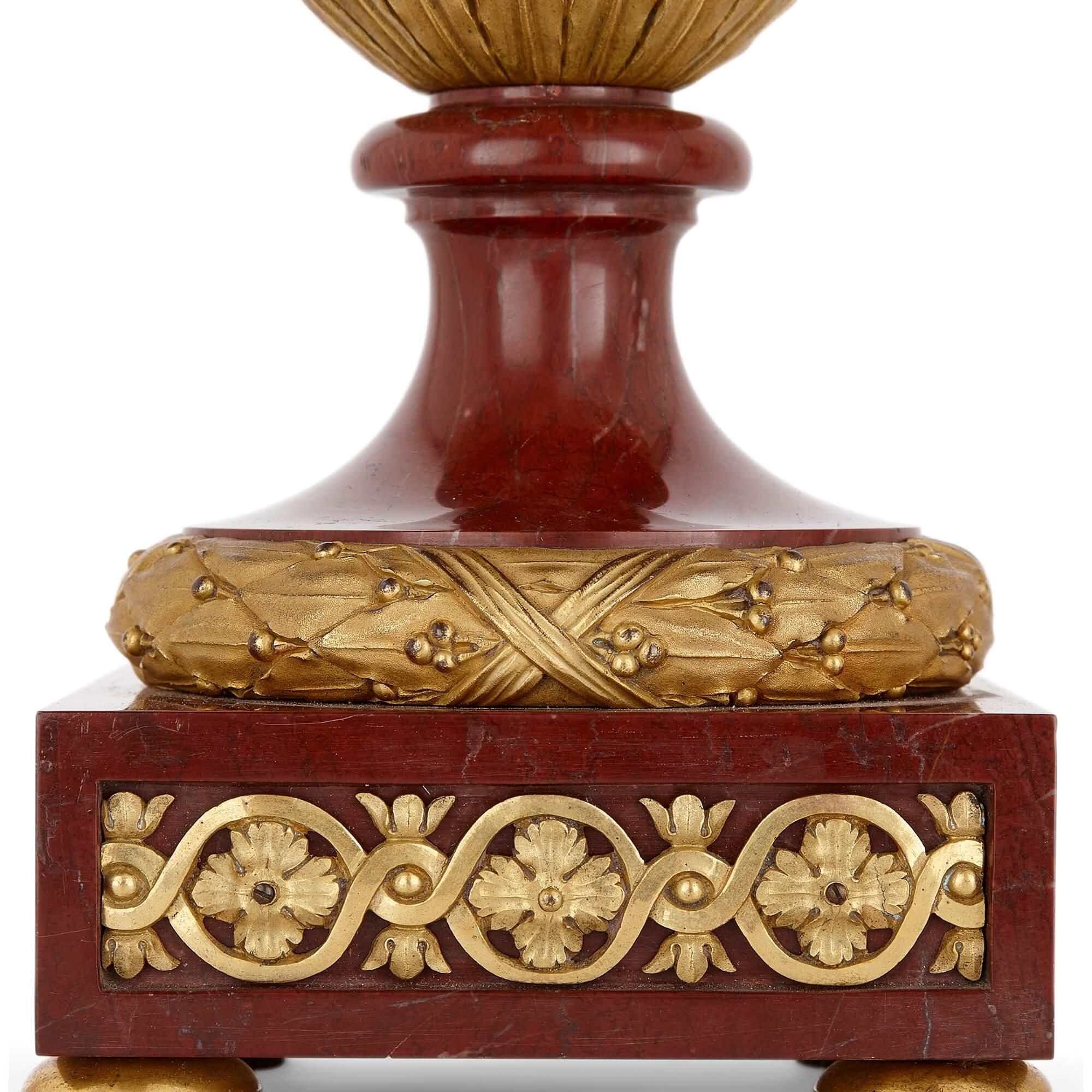 Gilt Pair of Large Red Marble and Ormolu Vases by Dasson