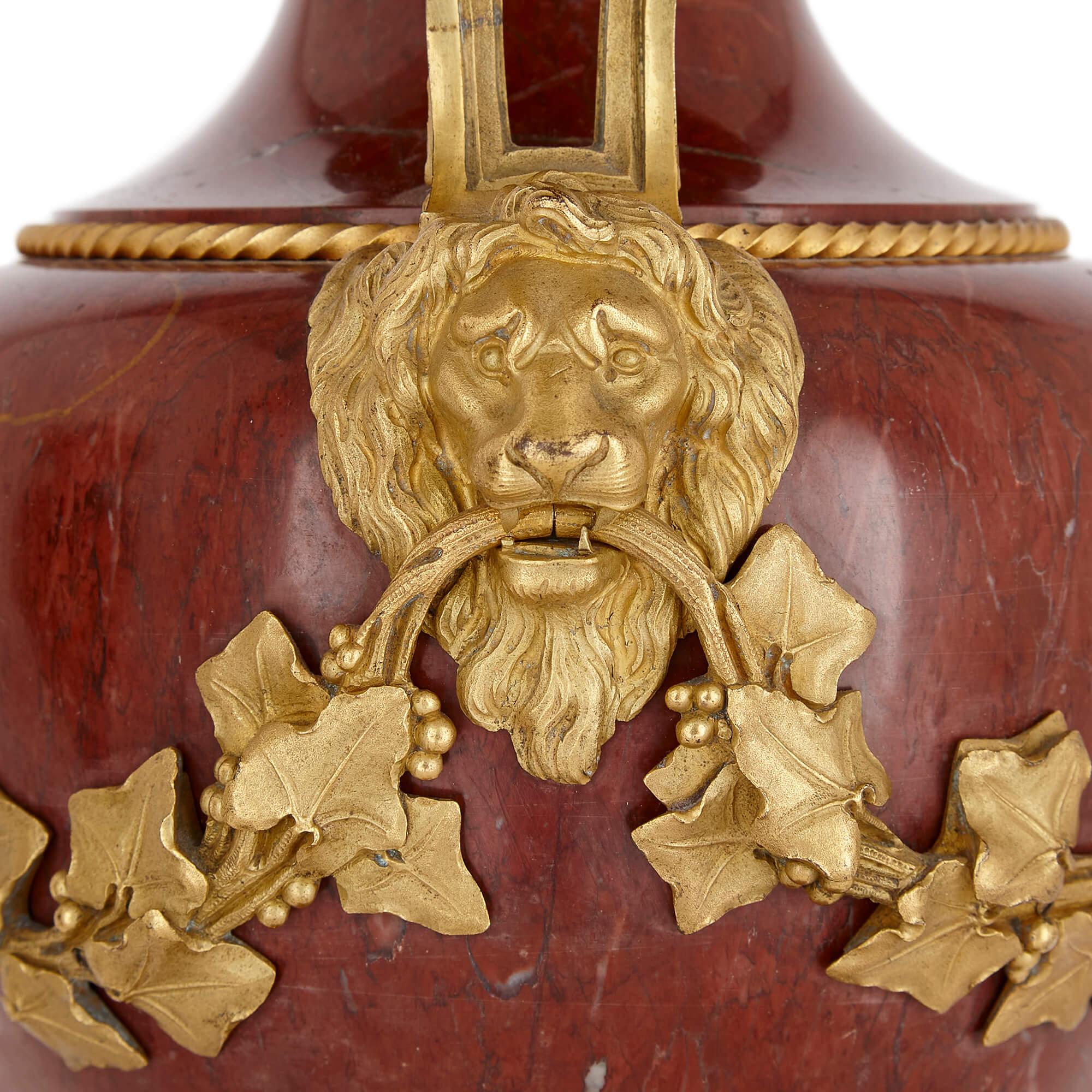 19th Century Pair of Large Red Marble and Ormolu Vases by Dasson For Sale
