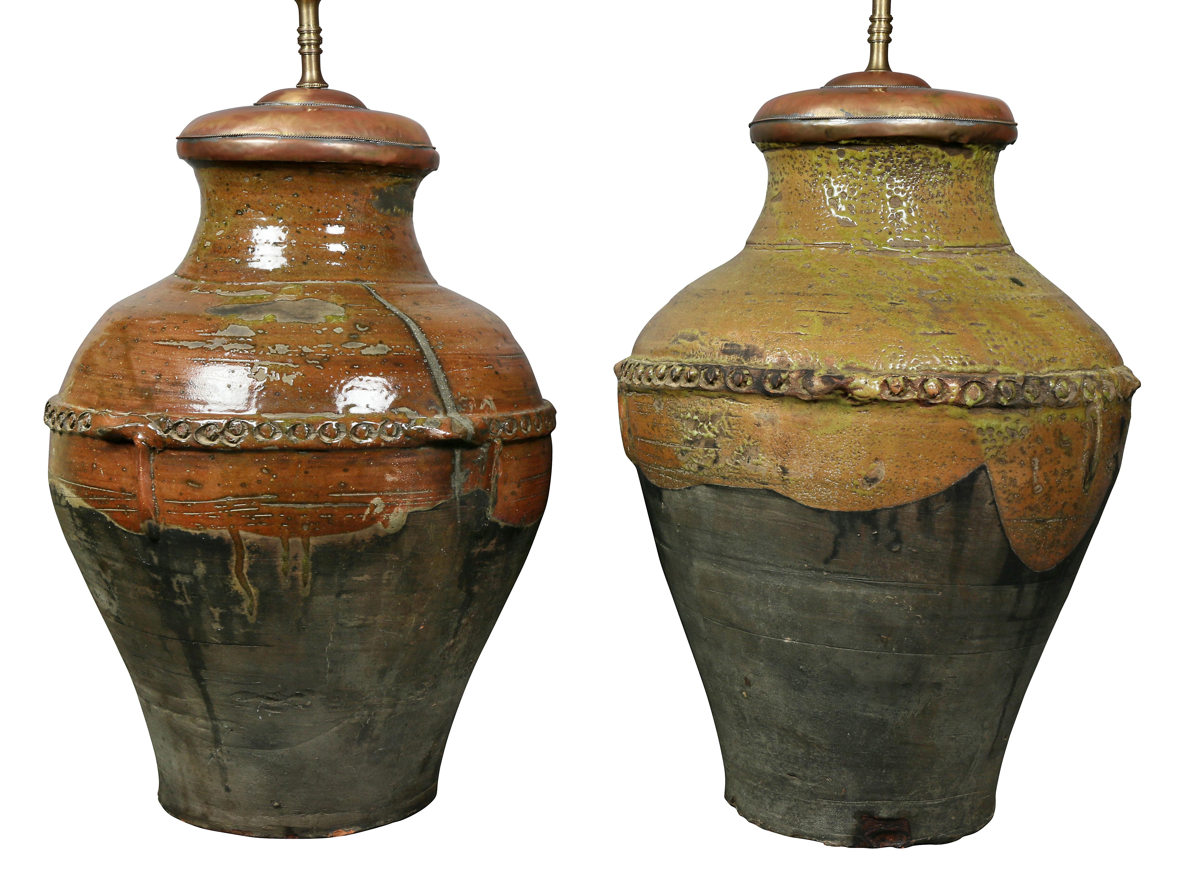 Pair of Large Redware Jars Mounted as Lamps In Good Condition In Essex, MA
