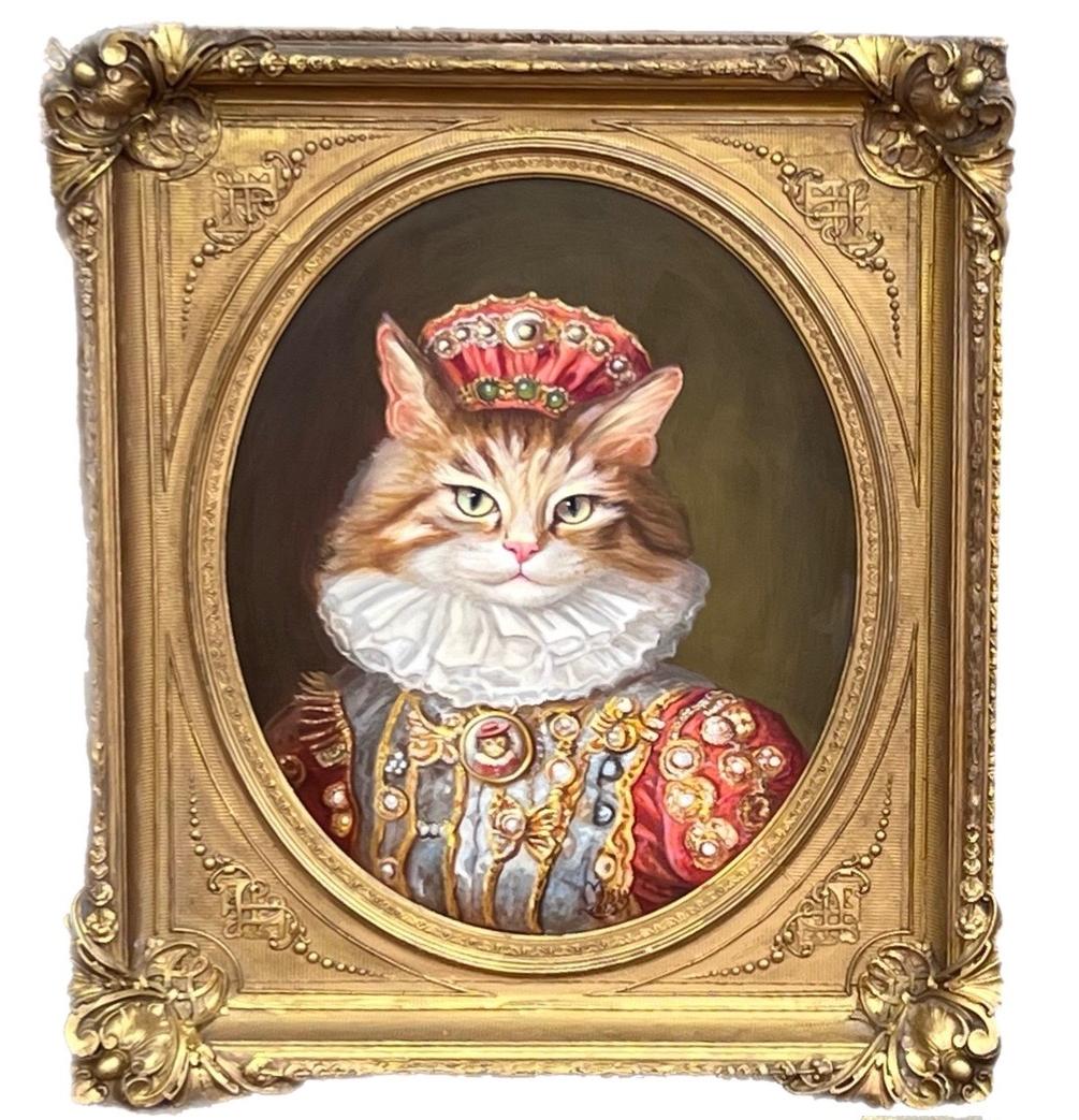 Zwei große Katzengemälde von Anthony Barham, gerahmt in antiken Rahmen. 

Diese beiden mit Juwelen verzierten Katzenporträts sind die perfekten skurrilen und doch klassischen Stücke für Ihre Einrichtung. Diese modernen Gemälde versetzen die