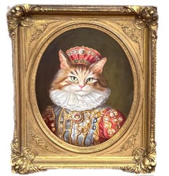 Pair of Large Regal Cat Paintings by Anthony Barham Framed in Antique Frames
