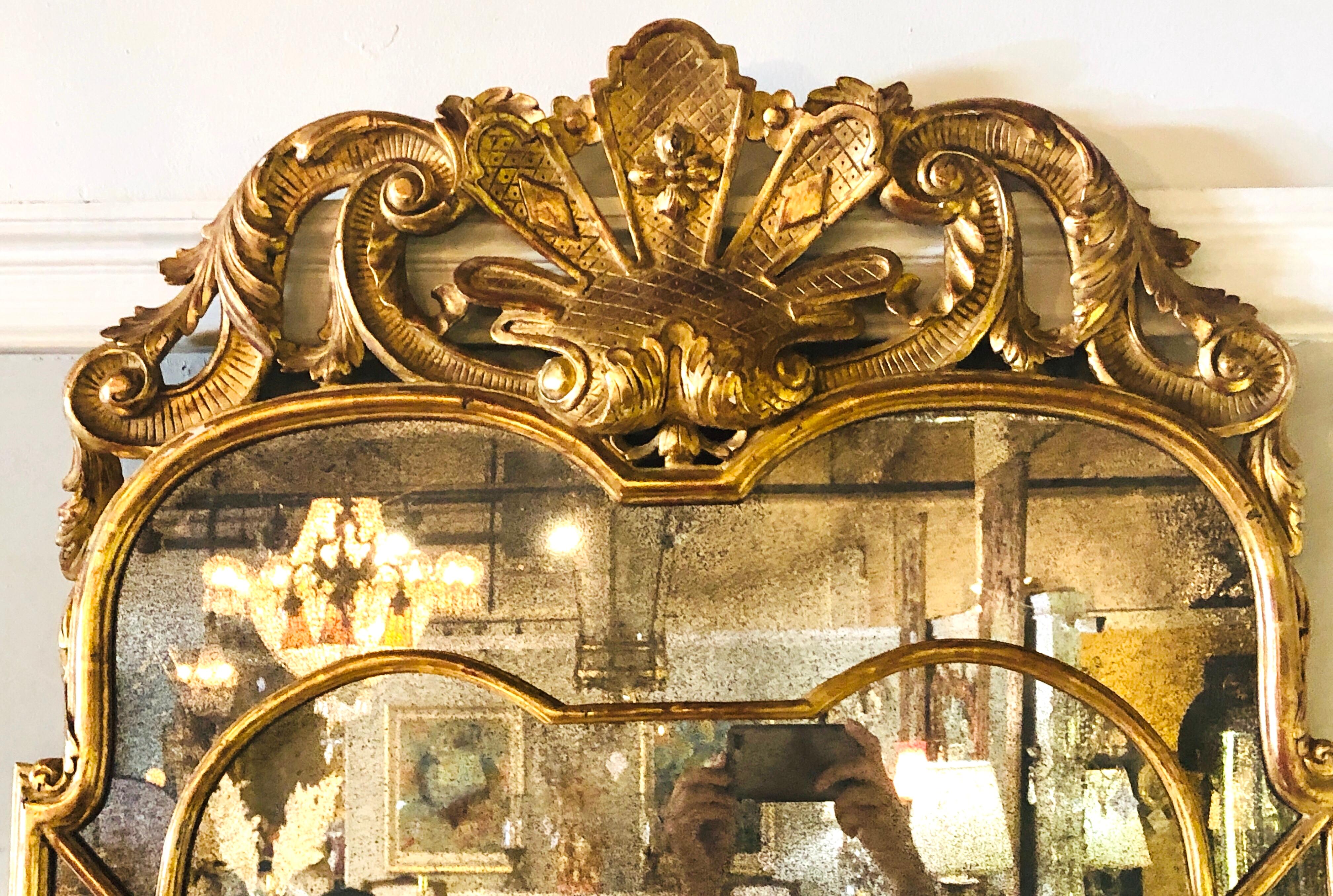Pair of Large Regency Style Giltwood Mirrors with Foliate Crest & Shaped Plate 2