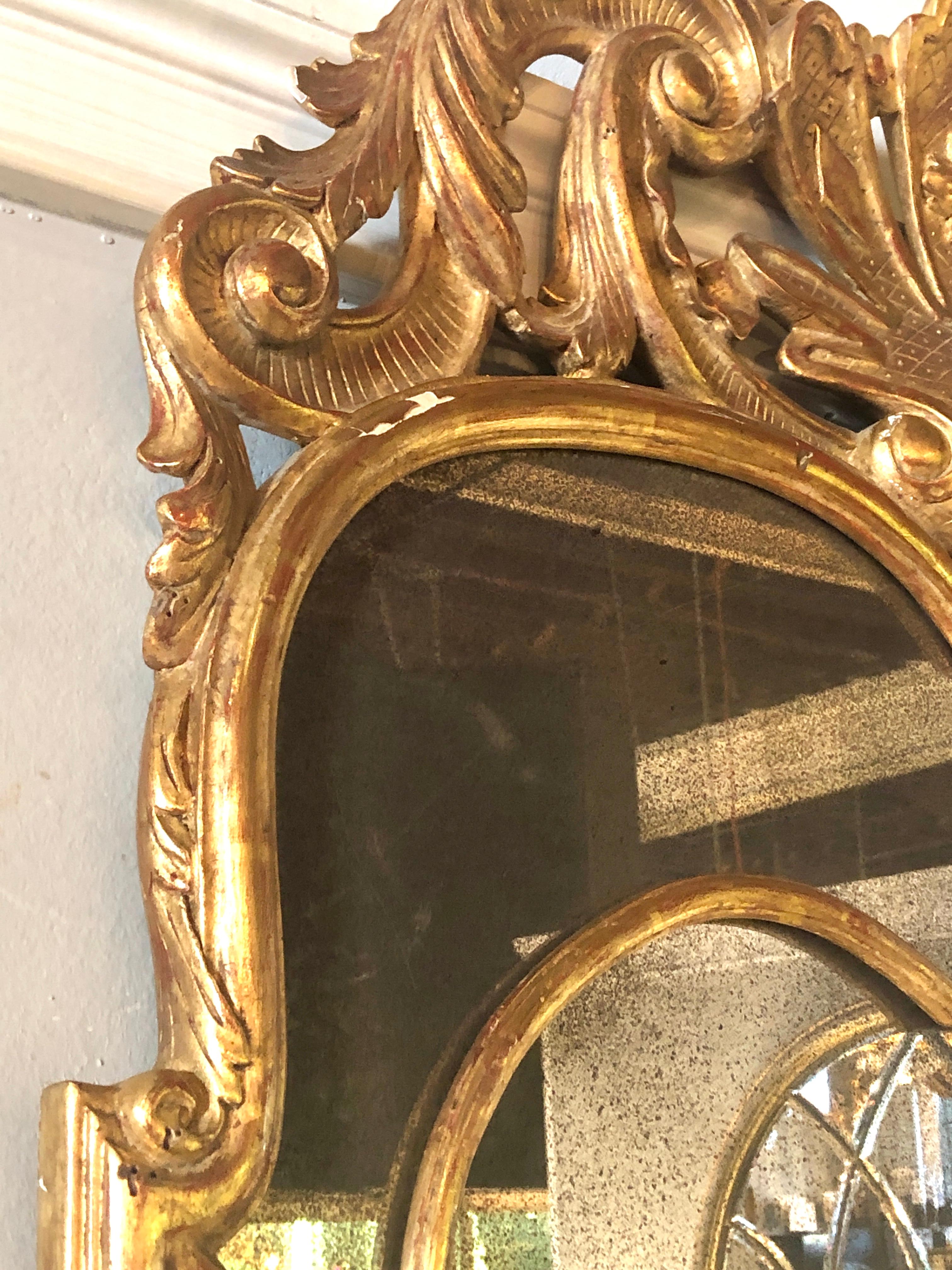 Pair of Large Regency Style Giltwood Mirrors with Foliate Crest & Shaped Plate 3