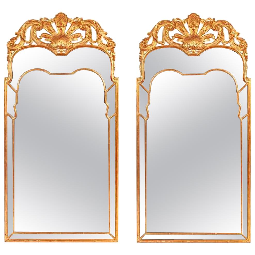 Pair of Large Regency Style Giltwood Mirrors with Foliate Crest & Shaped Plate