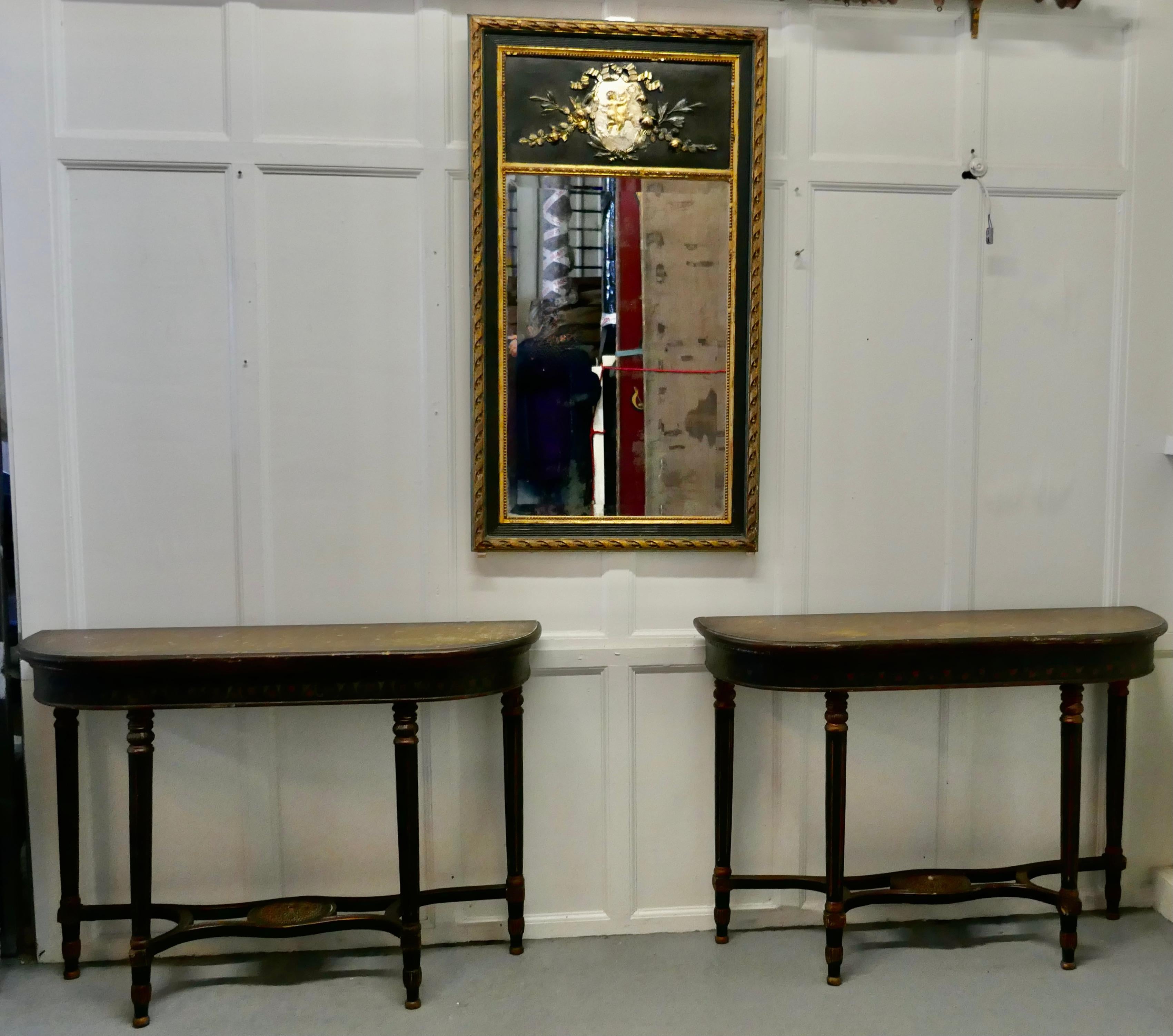 20th Century Pair of Large Regency Style Painted Console Tables 