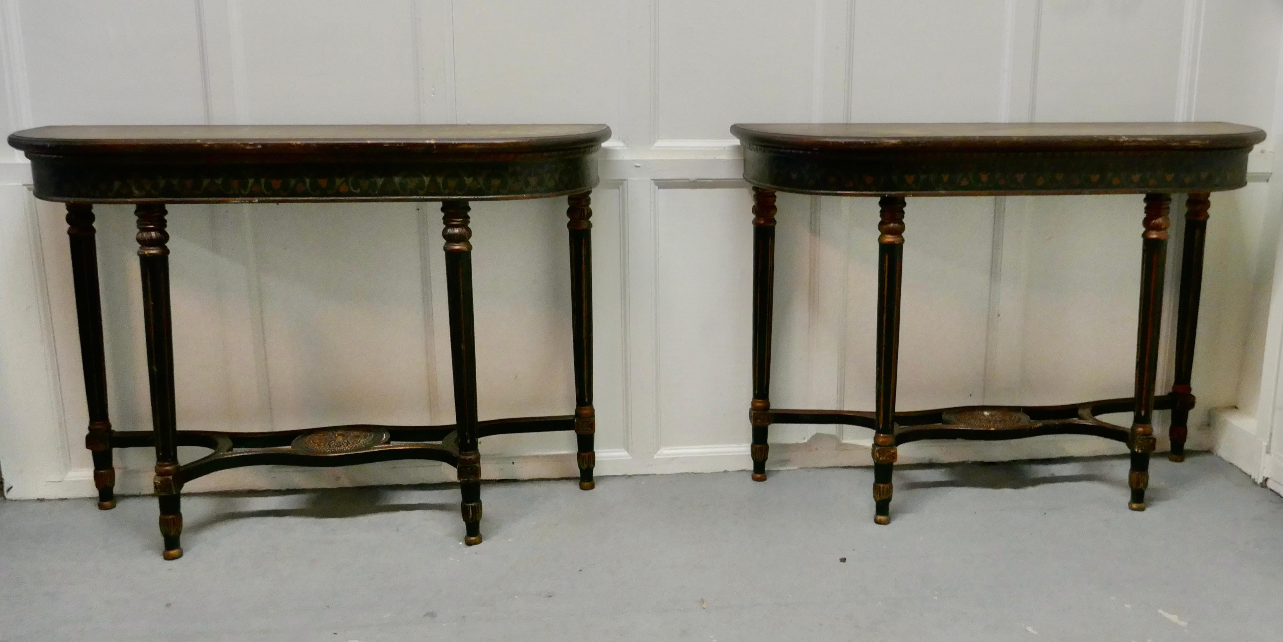 Pine Pair of Large Regency Style Painted Console Tables 