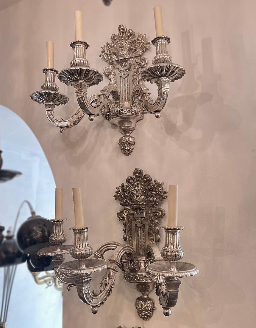 Silver Plate Pair of Large Regency Style Sconces For Sale