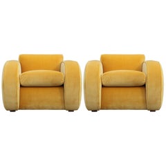 Pair of Large Restored Modern Deco Yellow Velvet Streamline Club Chairs