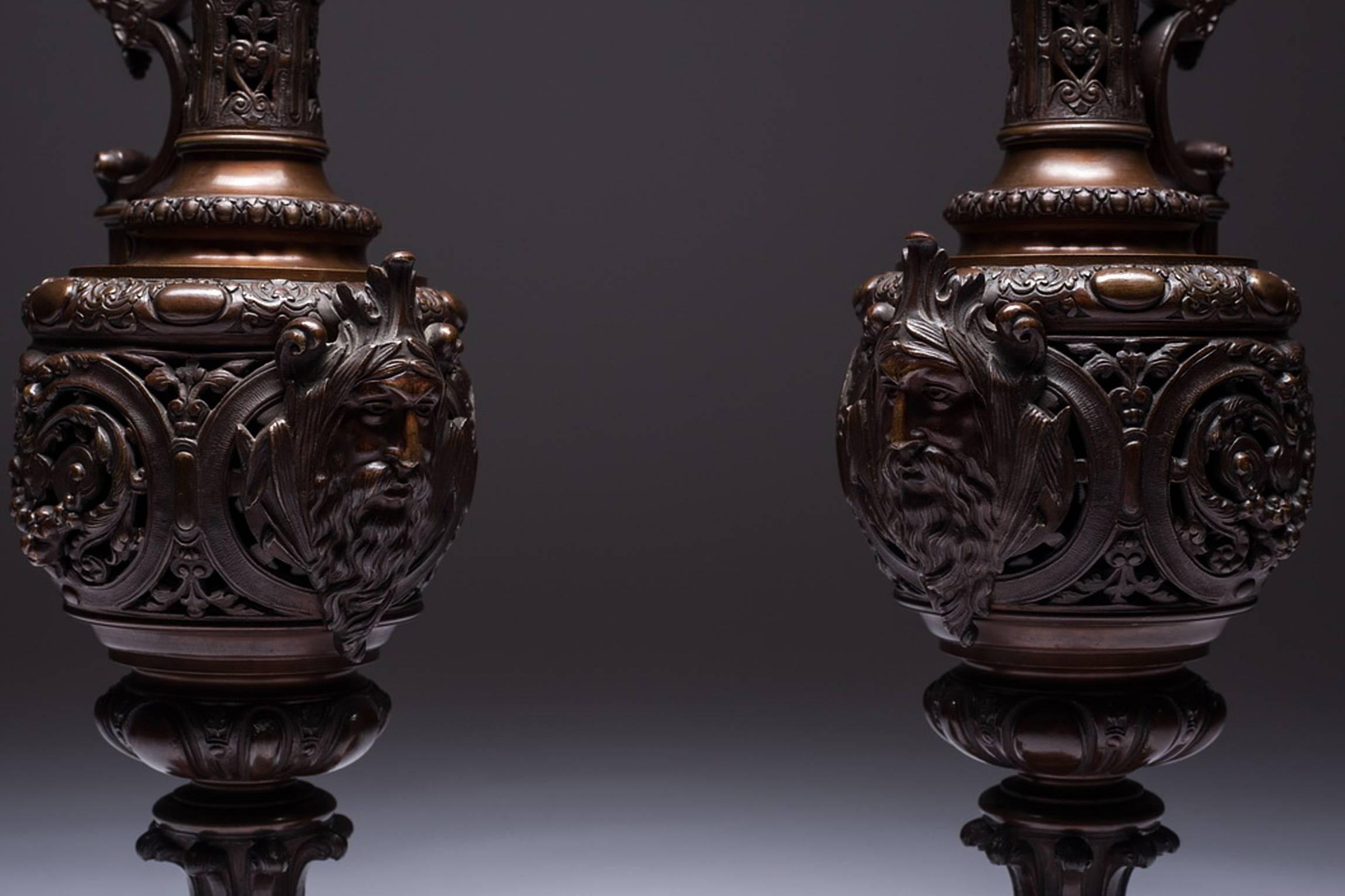 French Pair of LARGE Rocaille Ewers in Bronze with Brown Patina on Red Marble Base For Sale