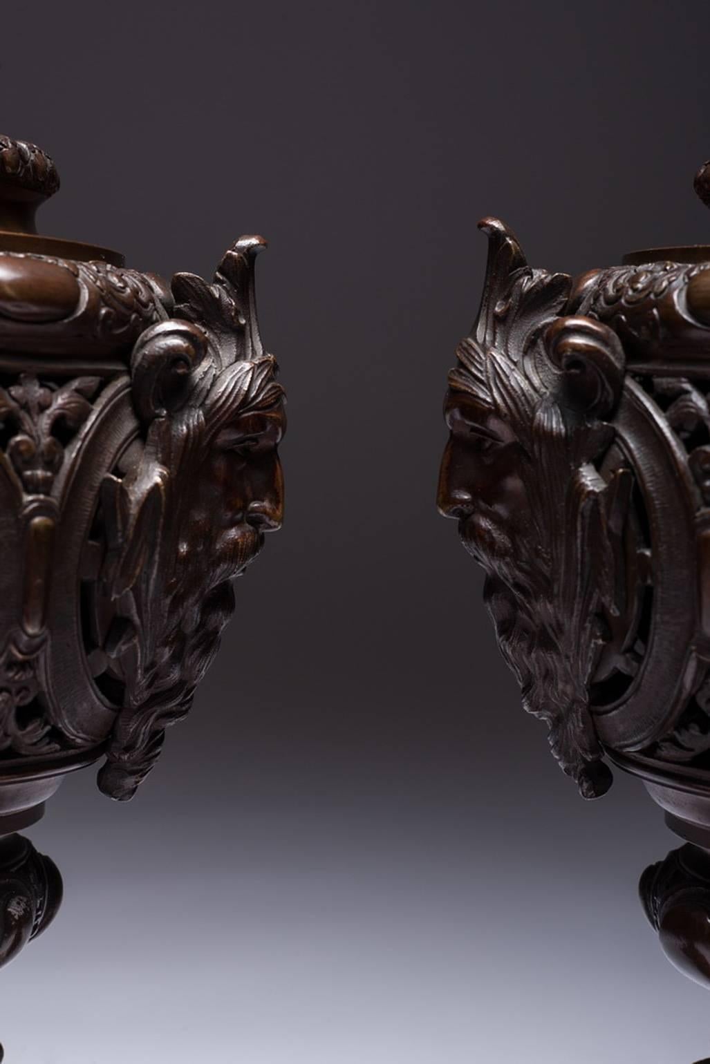 19th Century Pair of LARGE Rocaille Ewers in Bronze with Brown Patina on Red Marble Base For Sale