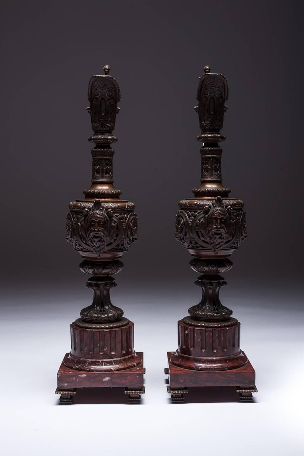 Pair of LARGE Rocaille Ewers in Bronze with Brown Patina on Red Marble Base For Sale 1