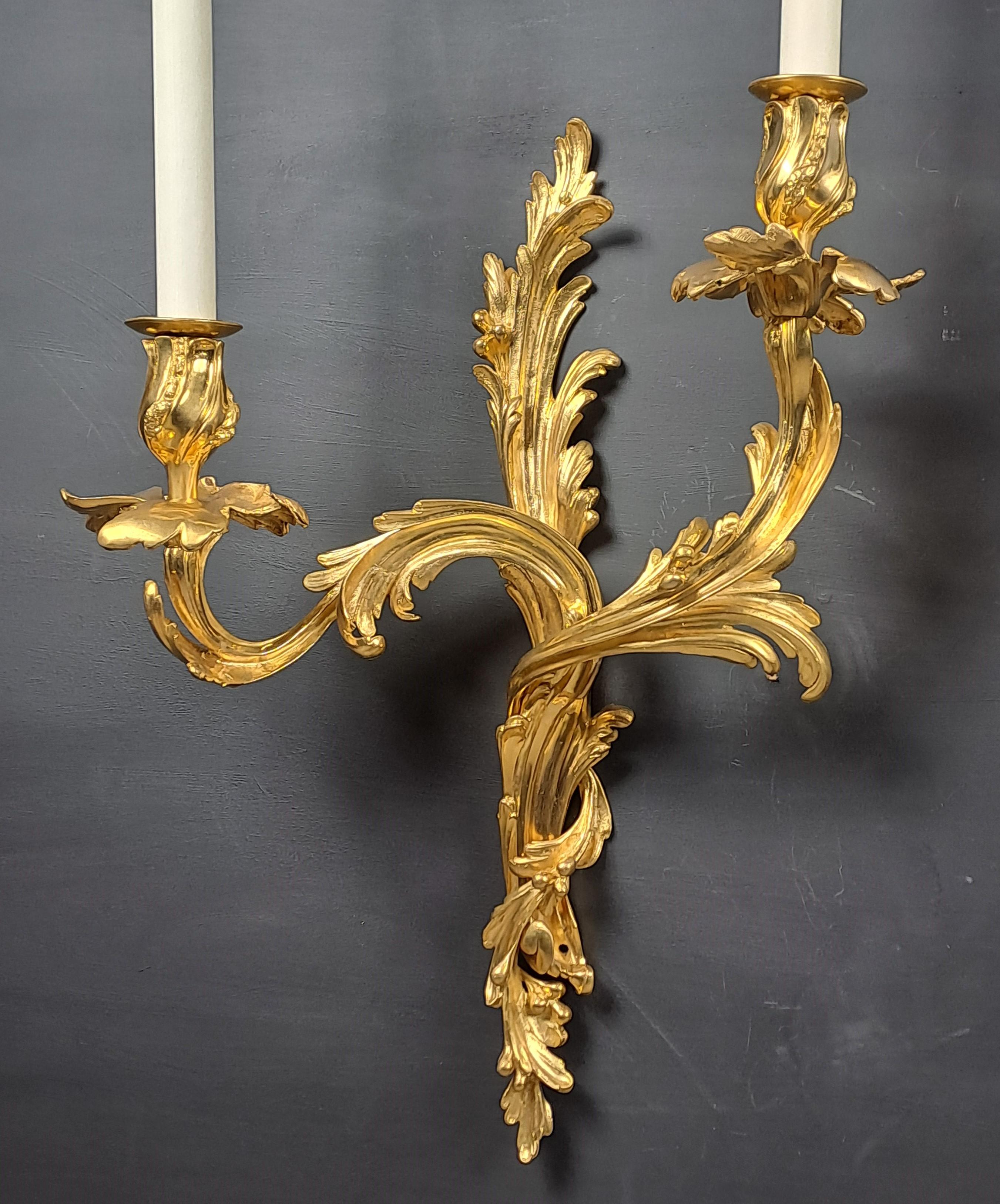 Français Paire de grandes lampes murales Rocaille en bronze doré en vente
