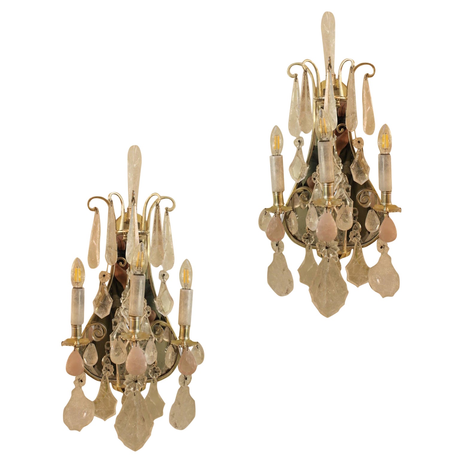 Paire de grandes lampes murales à miroir en cristal de roche et quartz rose