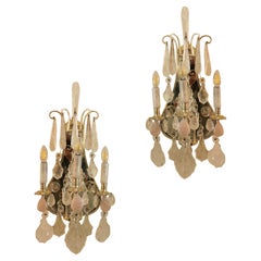 Paire de grandes lampes murales à miroir en cristal de roche et quartz rose