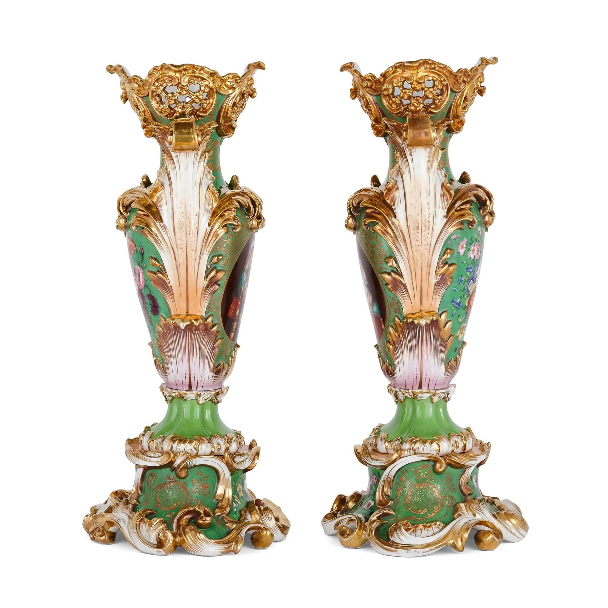Victorian Pair of Large Rococo Porcelain Vases with Painted Madonnas and Floral Bouquets For Sale