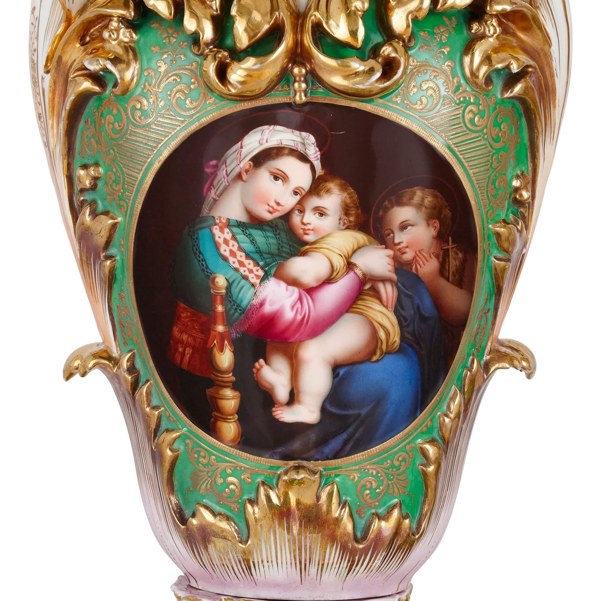 English Pair of Large Rococo Porcelain Vases with Painted Madonnas and Floral Bouquets For Sale