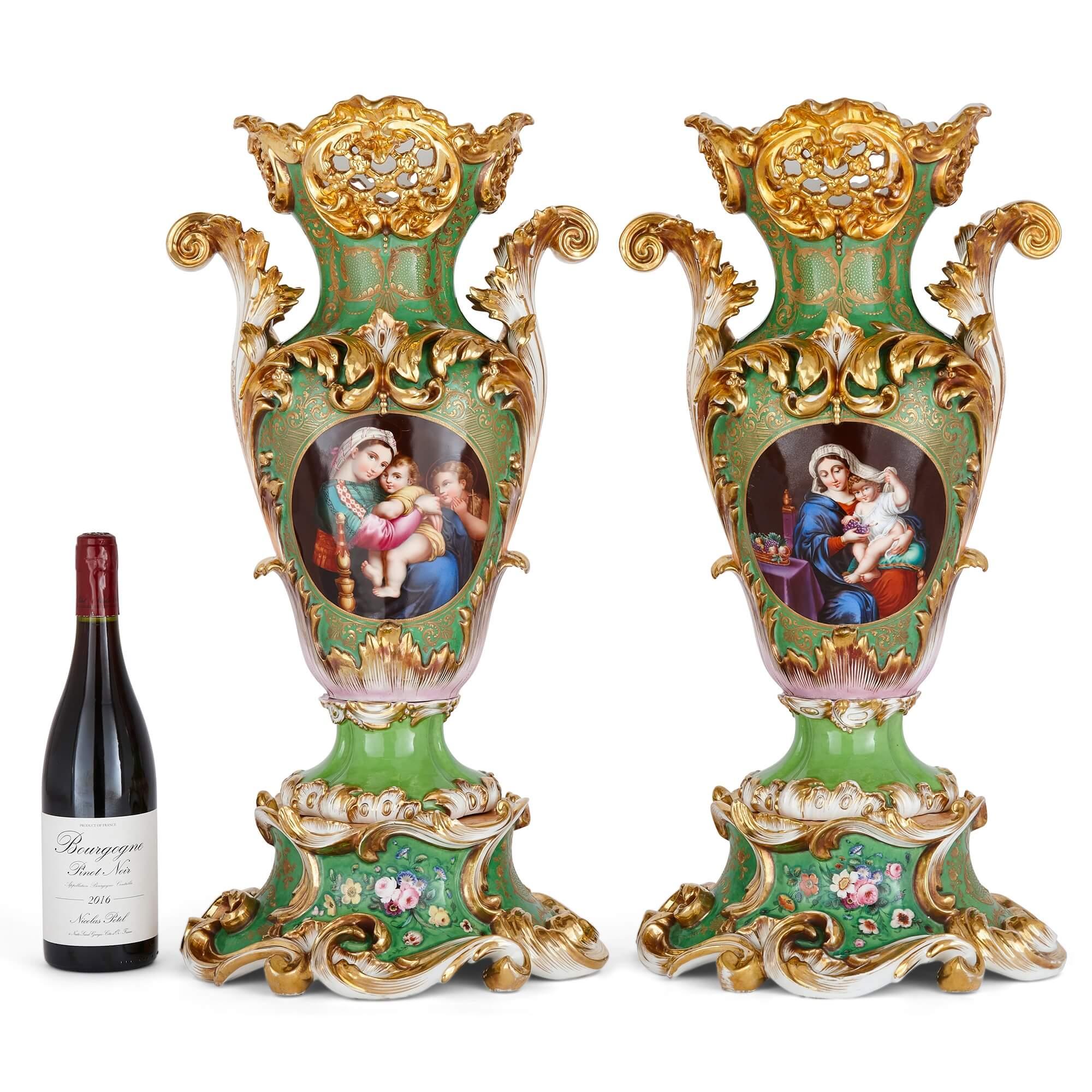 Pair of Large Rococo Porcelain Vases with Painted Madonnas and Floral Bouquets For Sale 1