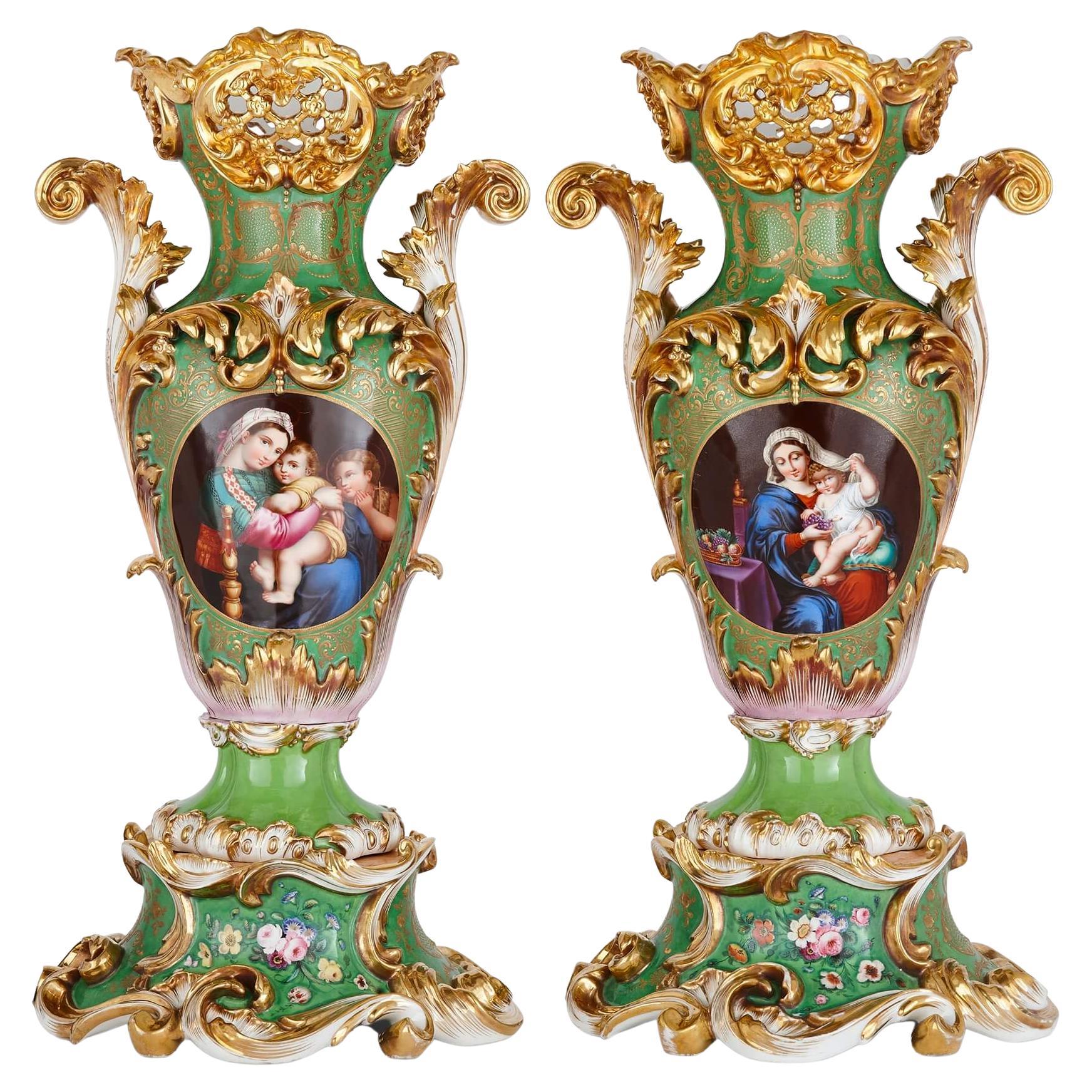 Pair of Large Rococo Porcelain Vases with Painted Madonnas and Floral Bouquets For Sale