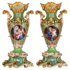 Pair of Large Rococo Porcelain Vases with Painted Madonnas and Floral Bouquets