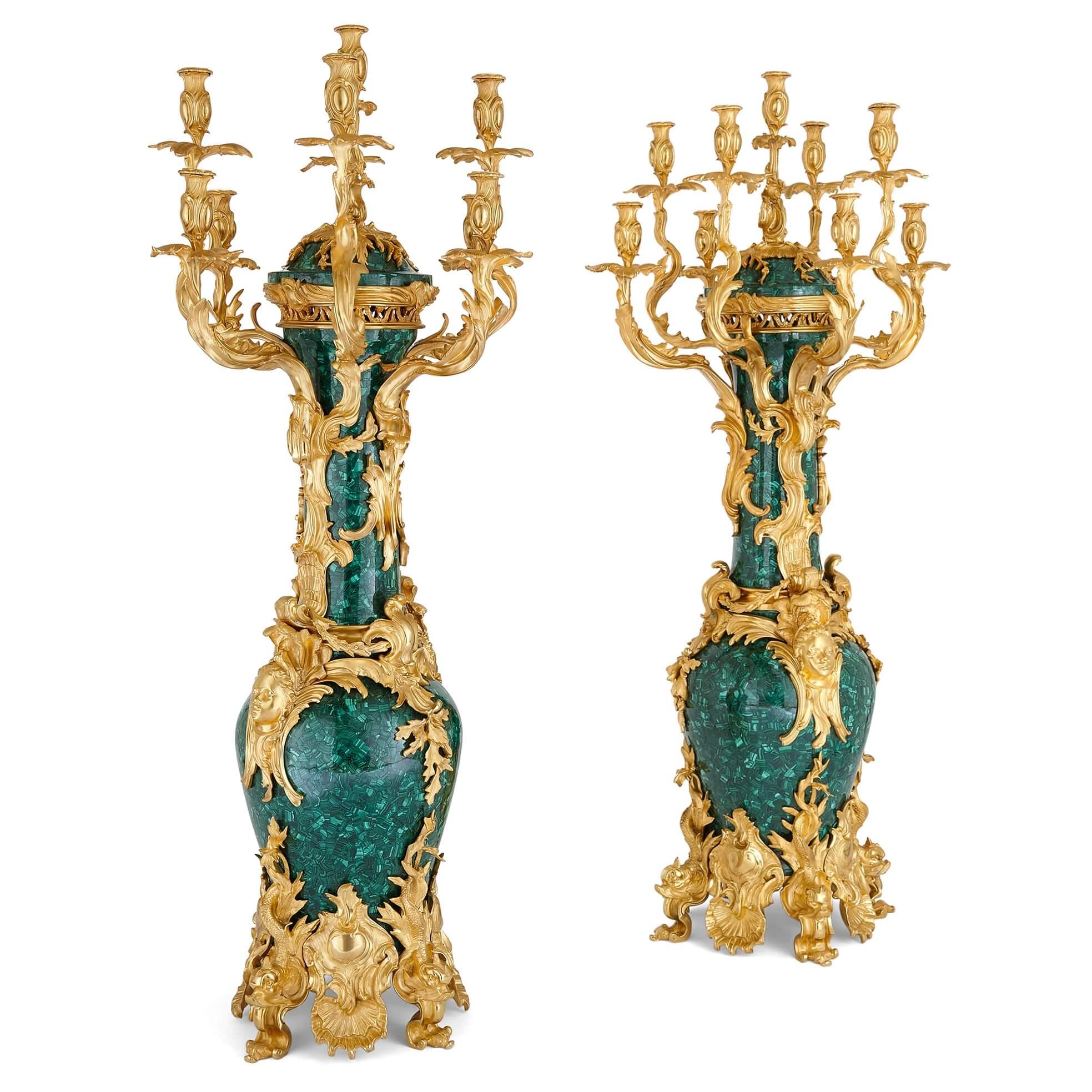 Pair of large Louis XV Rococo style ormolu mounted malachite candelabra
French, 20th Century
Measures: height 158, width 78cm, depth 72cm

This exceptional and very large pair of malachite and ormolu candelabra are designed in the sumptuous